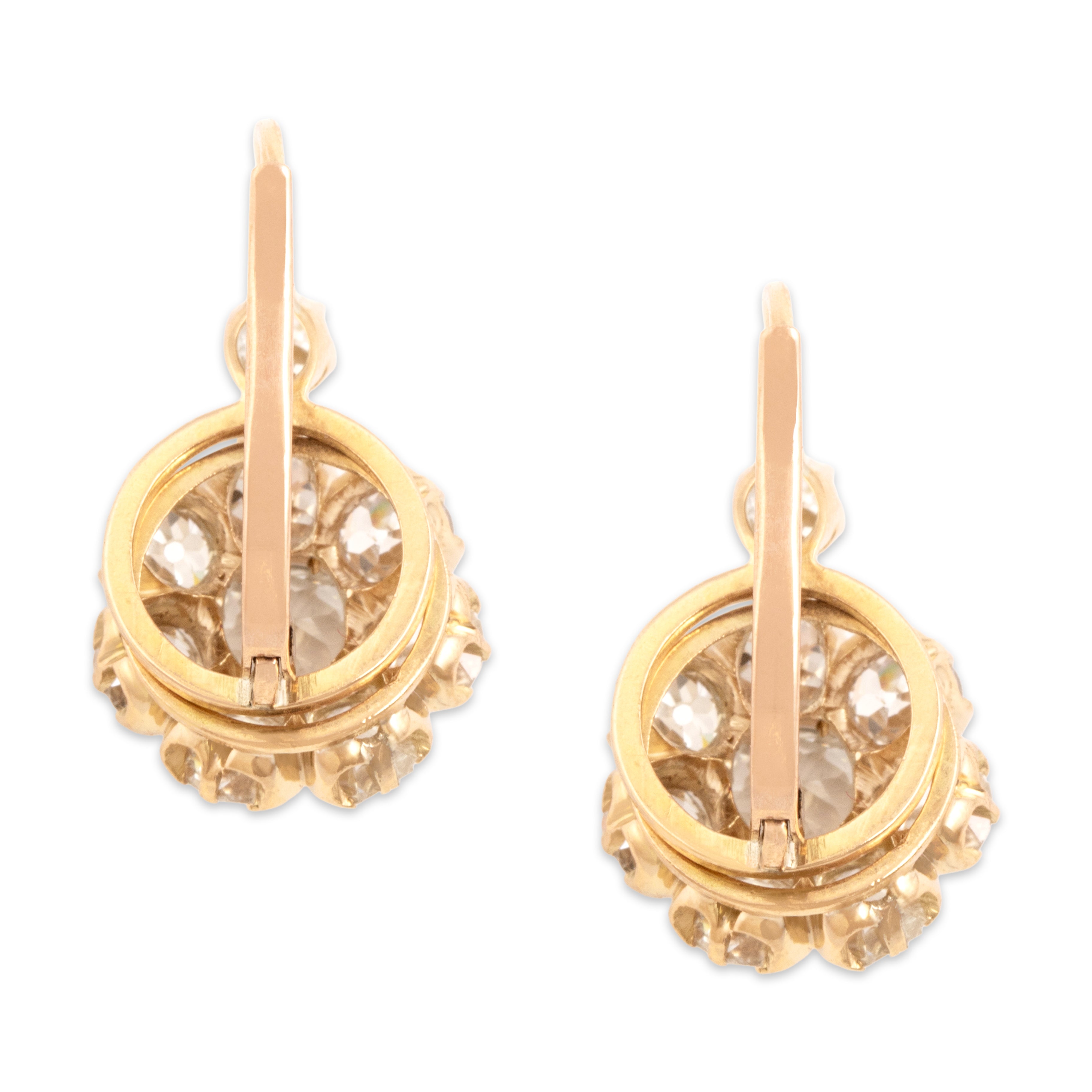 Antique Victorian 18k & 14k Rosy Yellow Gold 5.53cttw Old Mine Cut Diamond Exceptional Halo Lever-Back Dangle Earrings - Back view