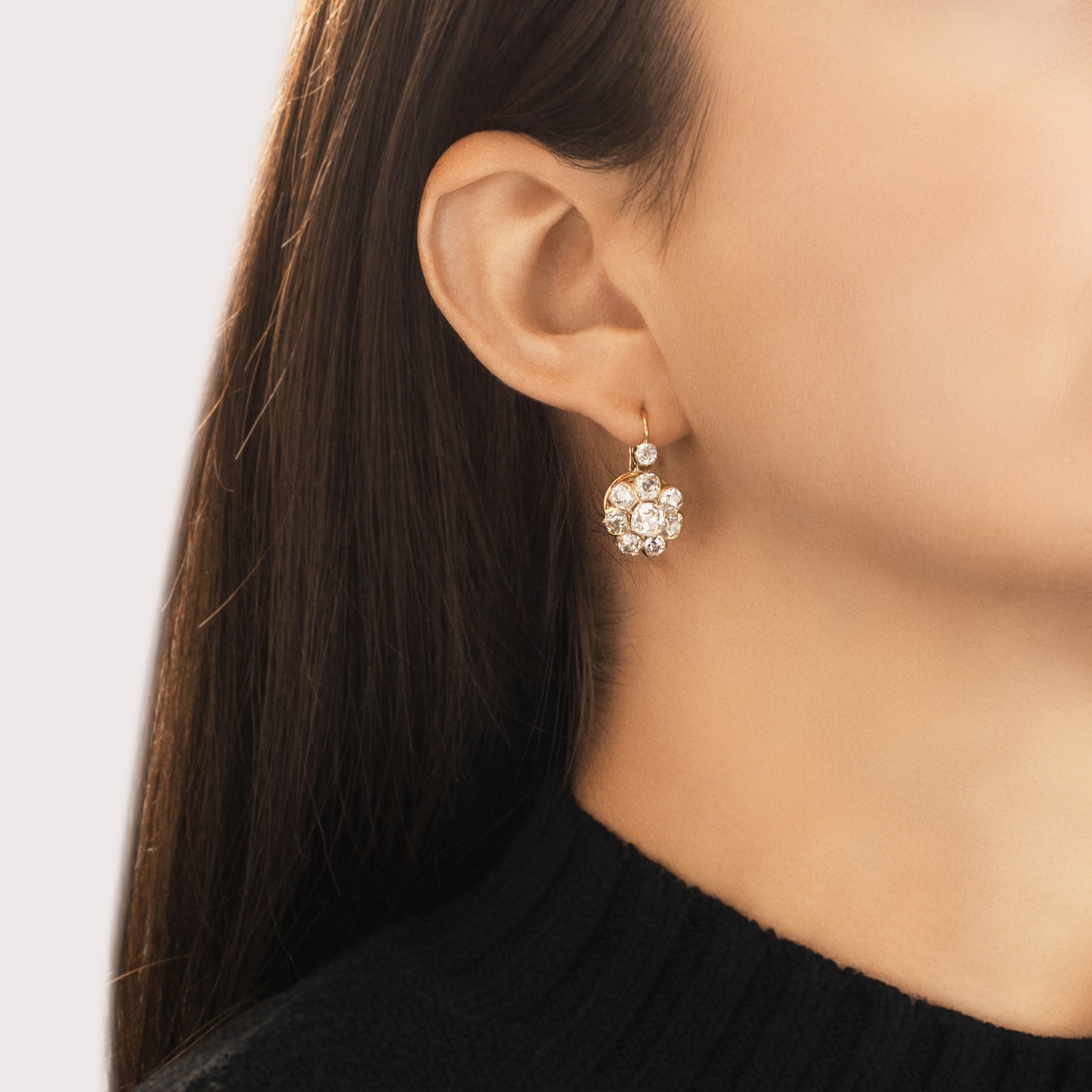 Antique Victorian 18k & 14k Rosy Yellow Gold 5.53cttw Old Mine Cut Diamond Exceptional Halo Lever-Back Dangle Earrings - On model view