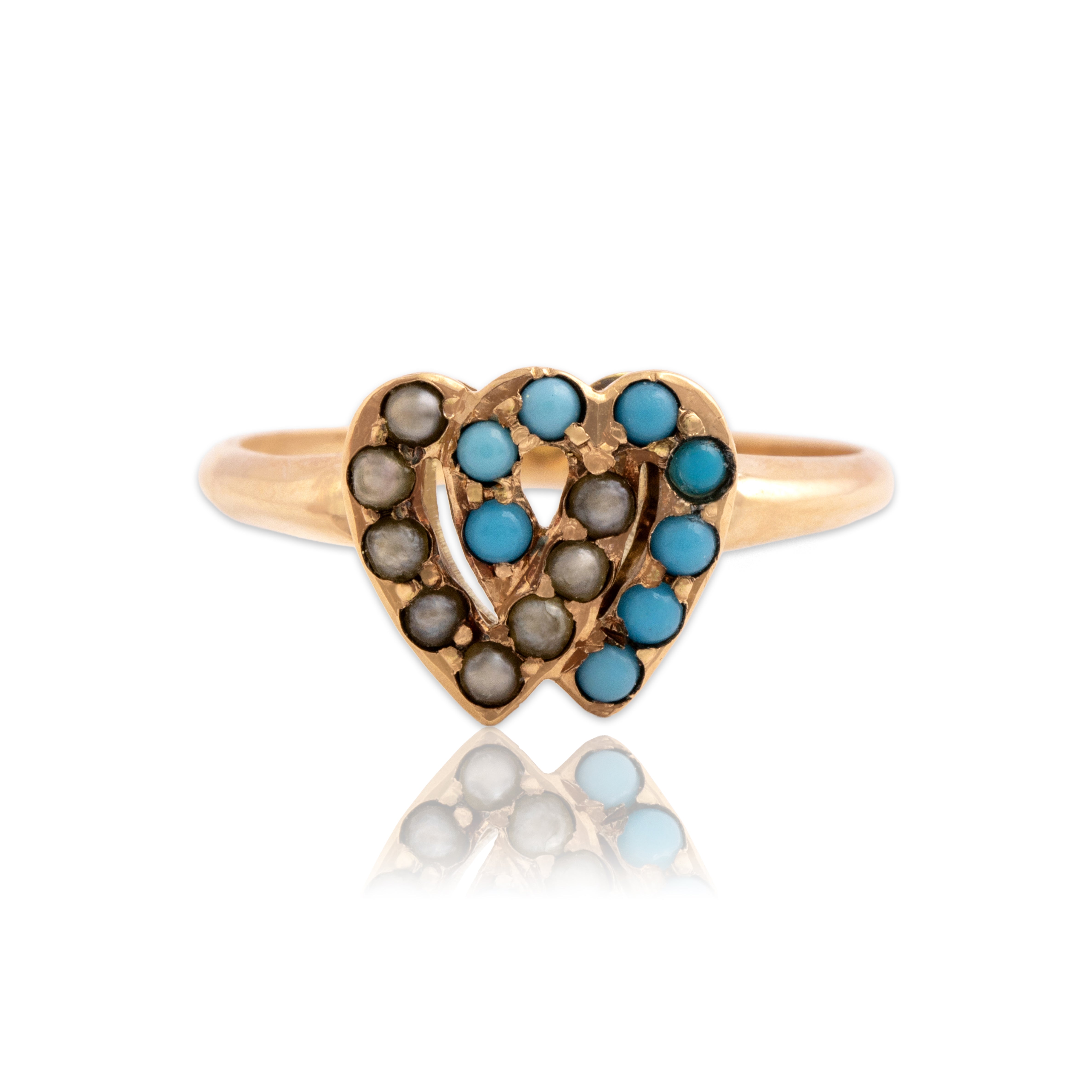 Antique Victorian 10k Rosy Yellow Gold Turquoise Pearl Heart Pinkie Ring 2.75
