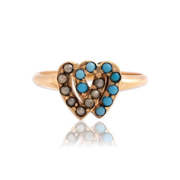 Antique Victorian 10k Rosy Yellow Gold Turquoise Pearl Heart Pinkie Ring 2.75