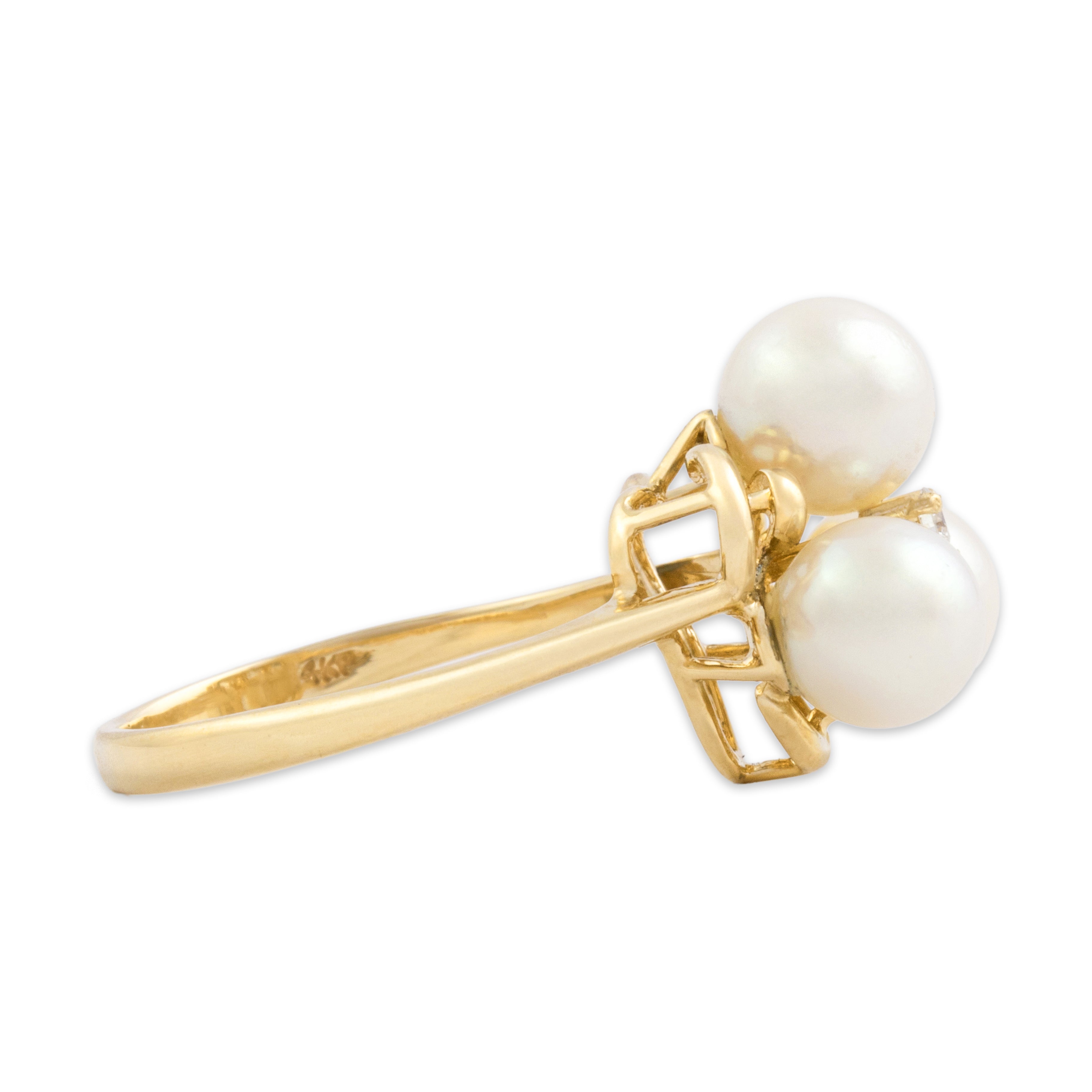 Vintage 14k Yellow Gold Pearl Diamond Luminous Trefoil Ring 6.25
