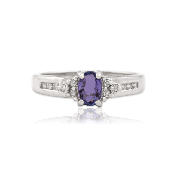 Vintage 14k White Gold Tanzanite Diamond Sparkling Accented Oval Ring 7.00