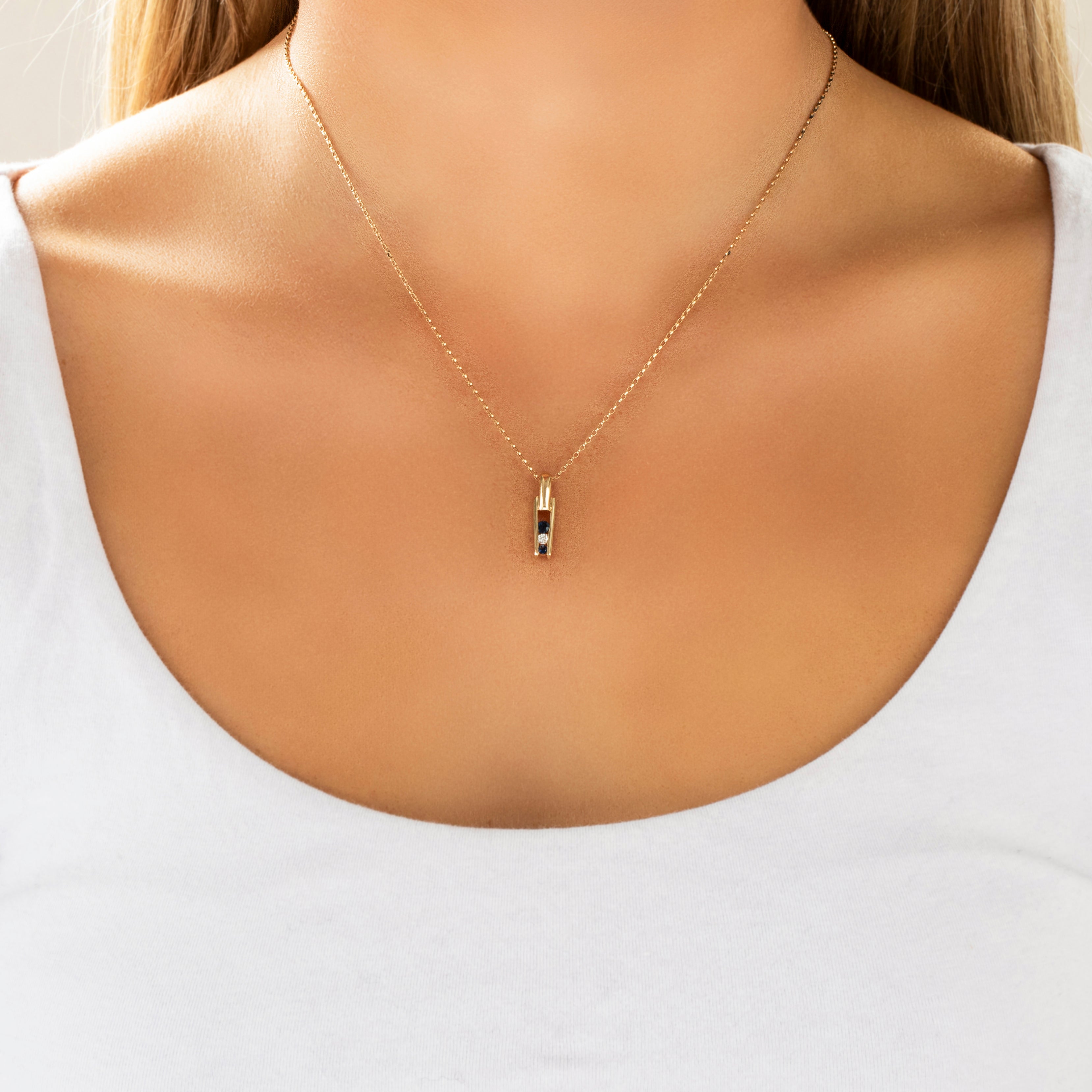 Vintage Small Graduating Line Drop Pendant 14k Yellow Gold Blue Sapphire Diamond - On model view
