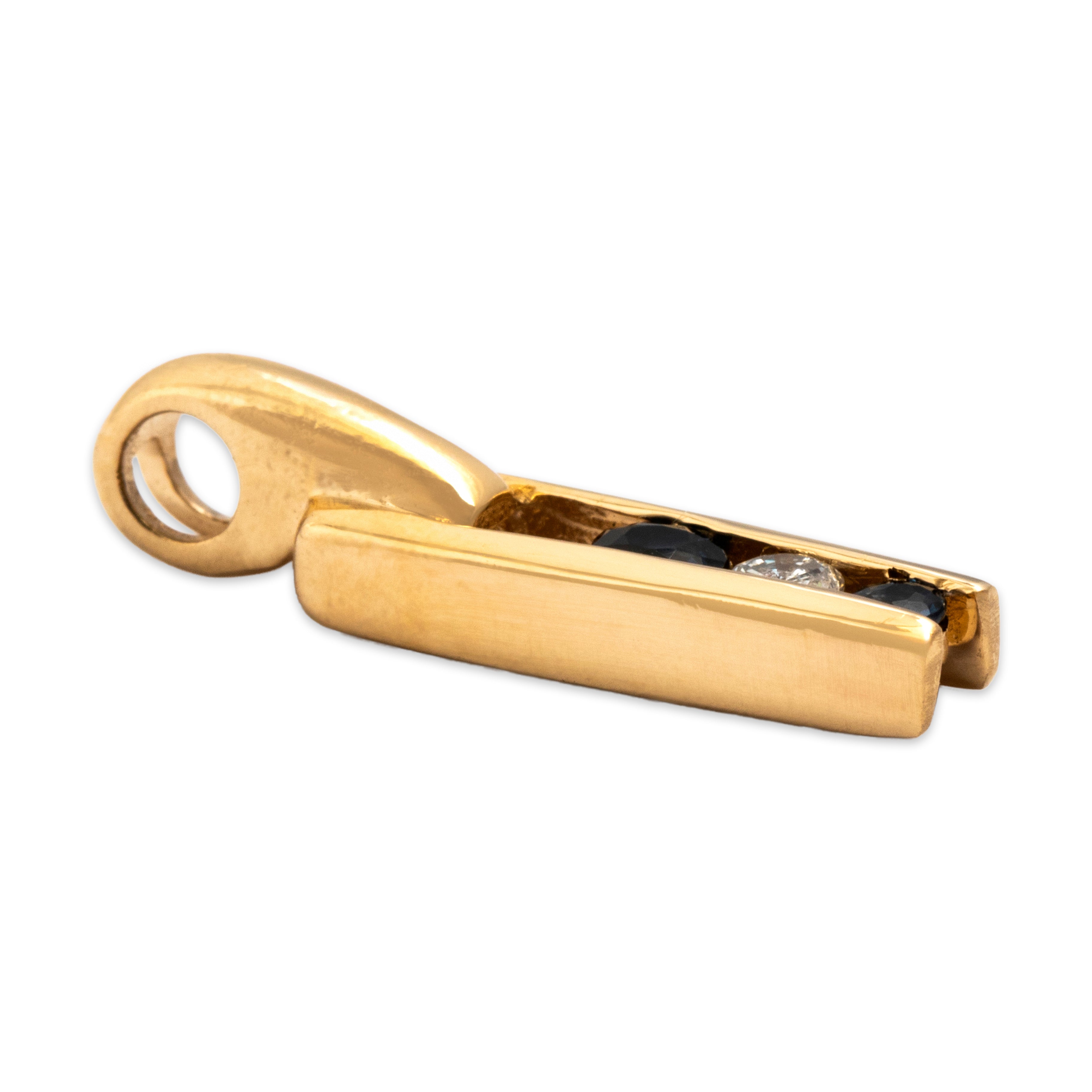 Vintage Small Graduating Line Drop Pendant 14k Yellow Gold Blue Sapphire Diamond - Side view