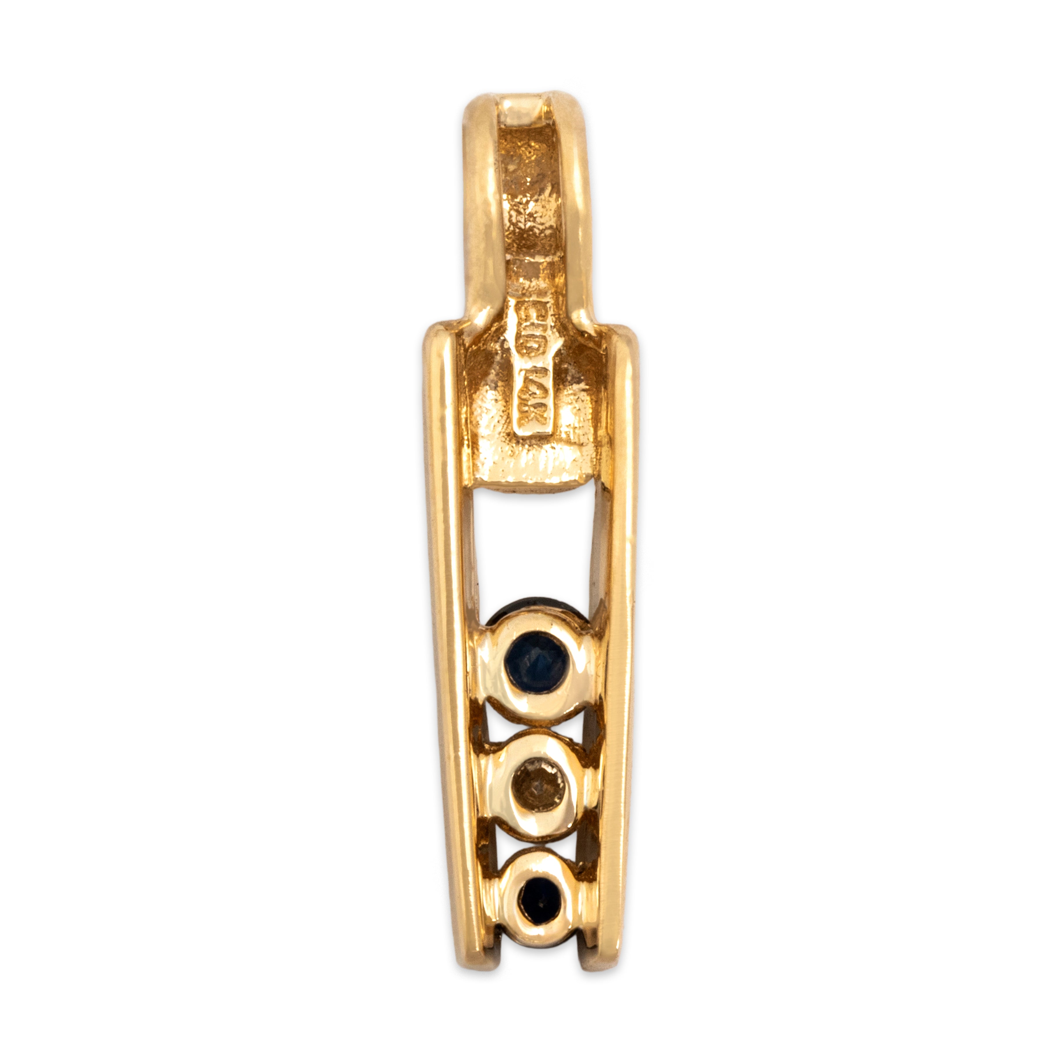 Vintage Small Graduating Line Drop Pendant 14k Yellow Gold Blue Sapphire Diamond - Back view