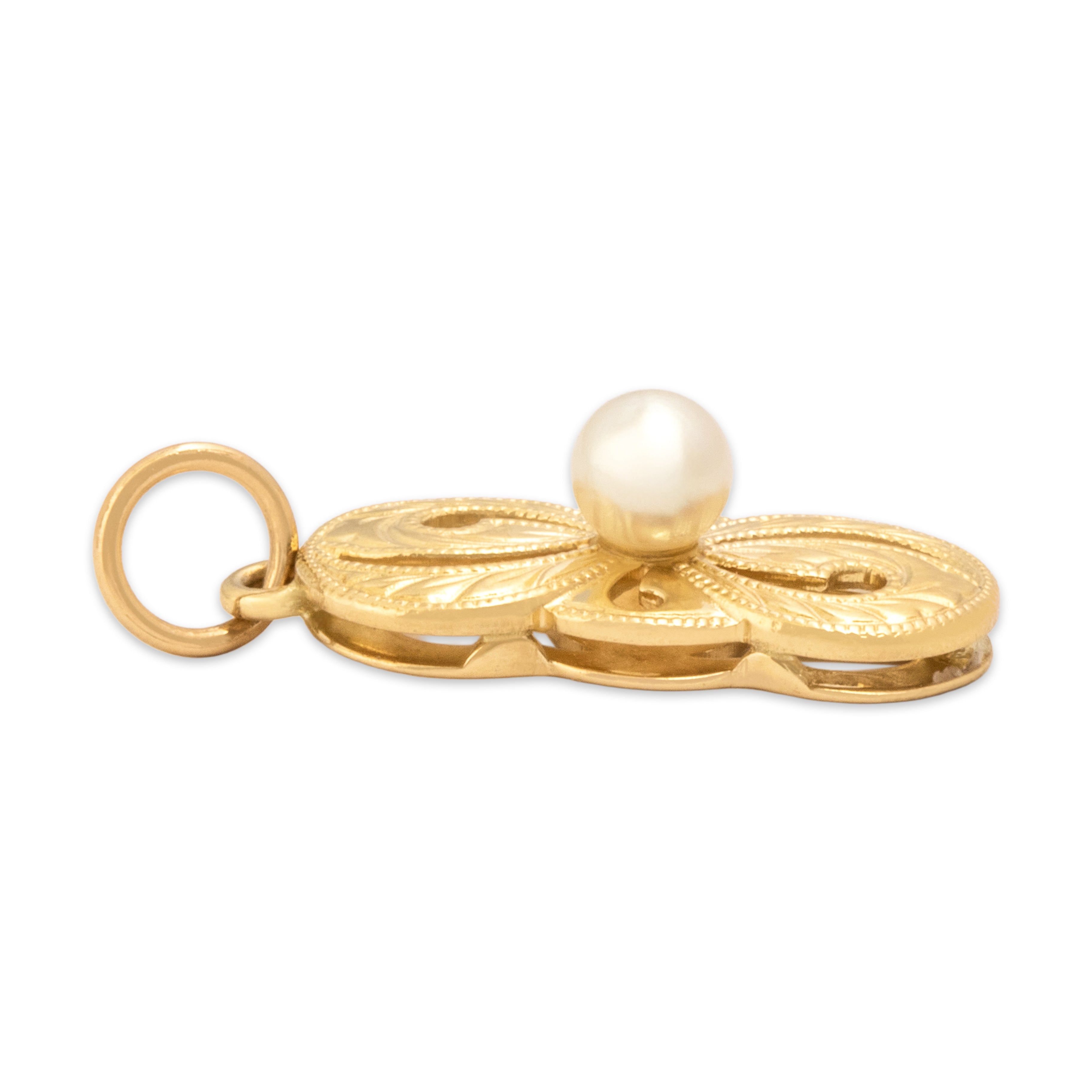 Vintage Mikimoto 18k Yellow Gold Pearl Infinite Engraved Swirl Pendant - Side view