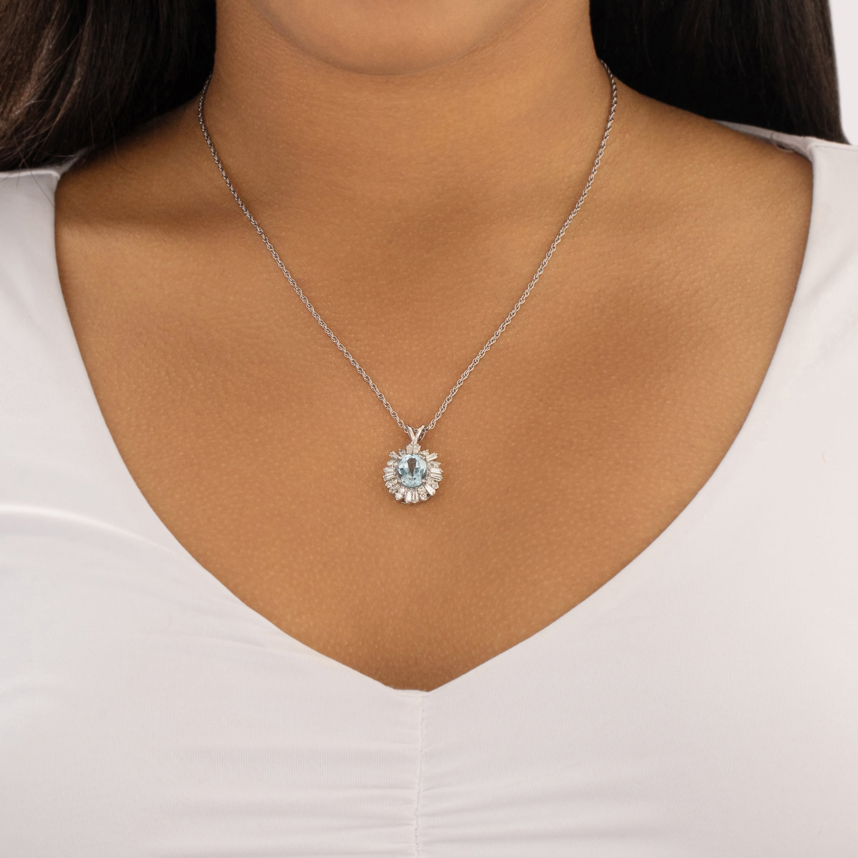 Vintage 18k White Gold 2.83ct Aquamarine 1.13cttw Diamond Sparkling Burst Halo Pendant - On model view
