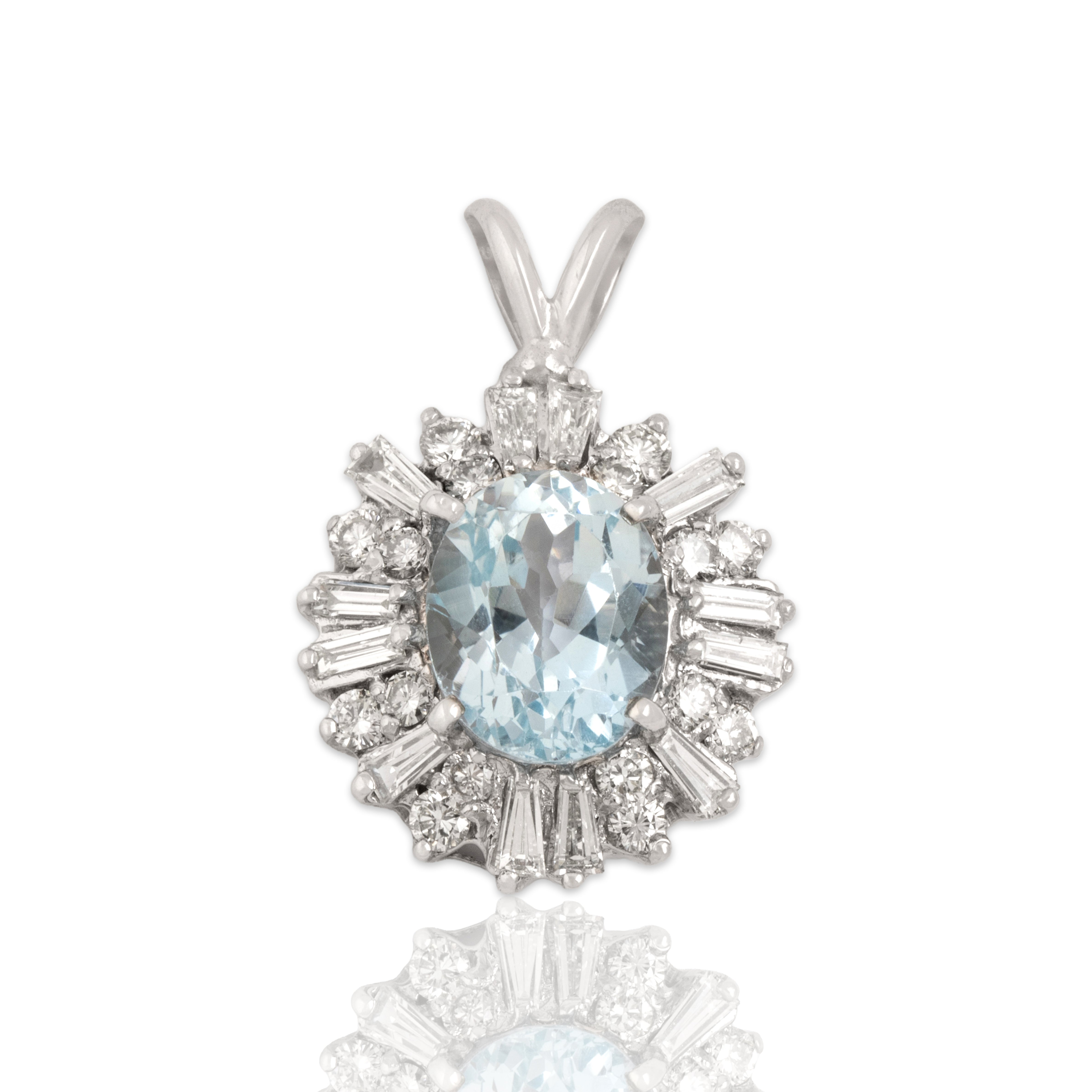 Vintage 18k White Gold 2.83ct Aquamarine 1.13cttw Diamond Sparkling Burst Halo Pendant - Close-up view