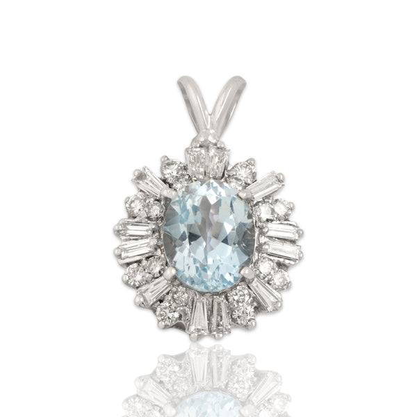 Vintage 18k White Gold 2.83ct Aquamarine 1.13cttw Diamond Burst Halo Pendant