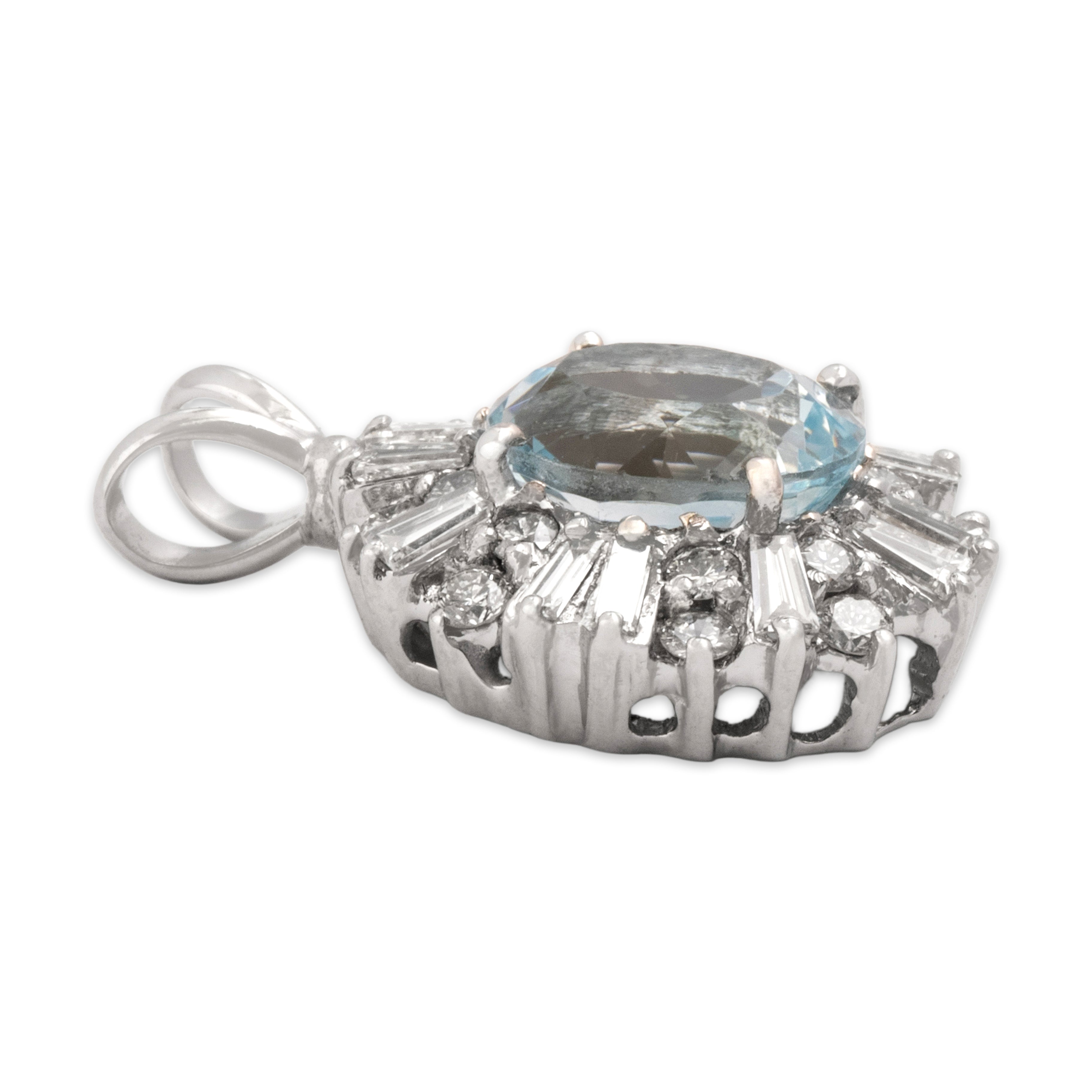 Vintage 18k White Gold 2.83ct Aquamarine 1.13cttw Diamond Sparkling Burst Halo Pendant - Side view