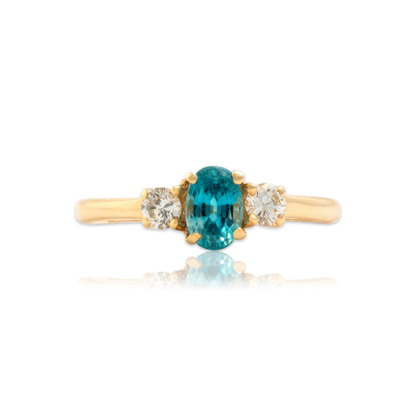 Vintage 14k Yellow Gold .81ct Blue Zircon Diamond Stunning Sparkling Trio Ring 6.75