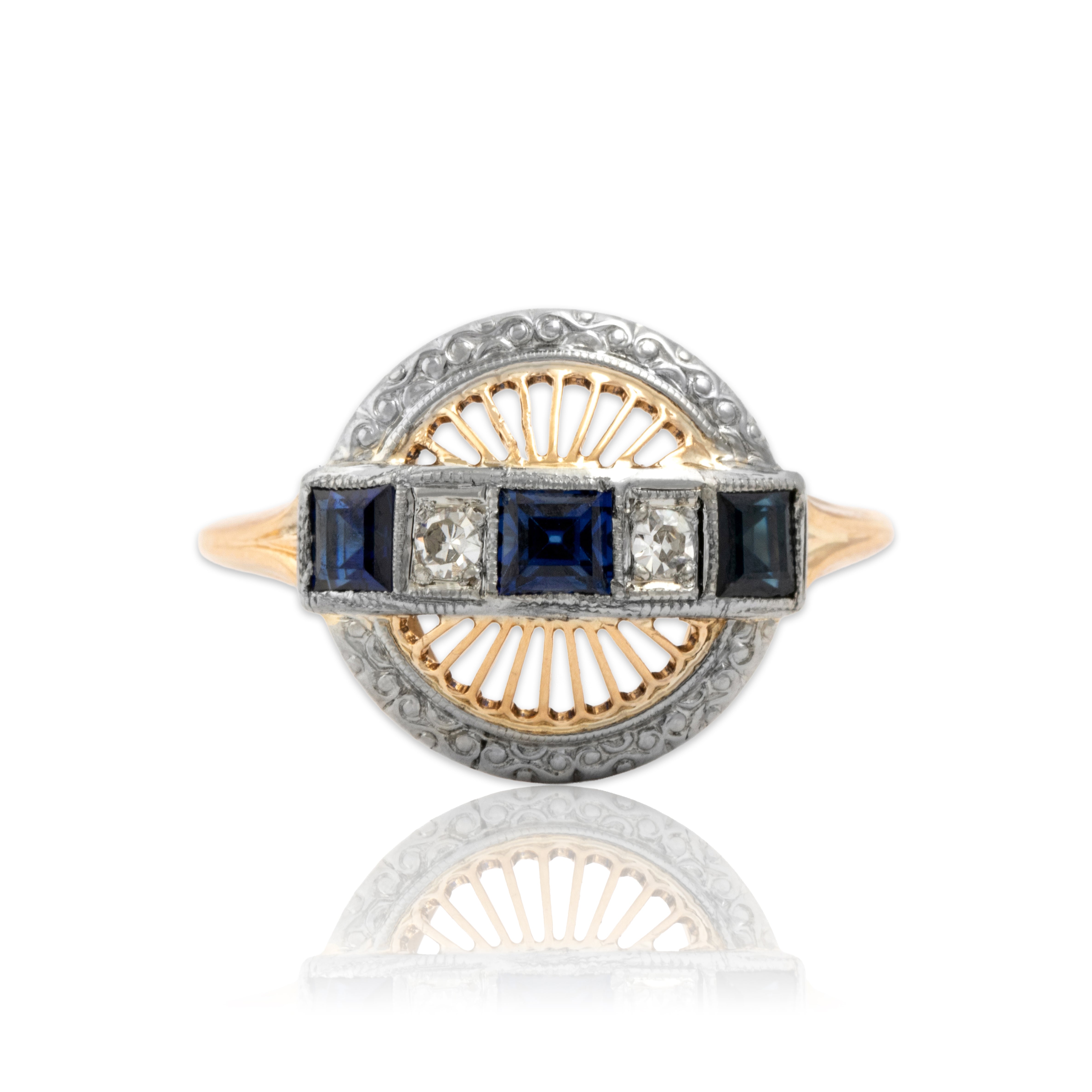 Vintage 14k Yellow Gold & 18k White Gold Blue Synthetic Sapphire Blue Natural Sapphire Natural Diamond Fantastic Open Disc Ring - Close-up view