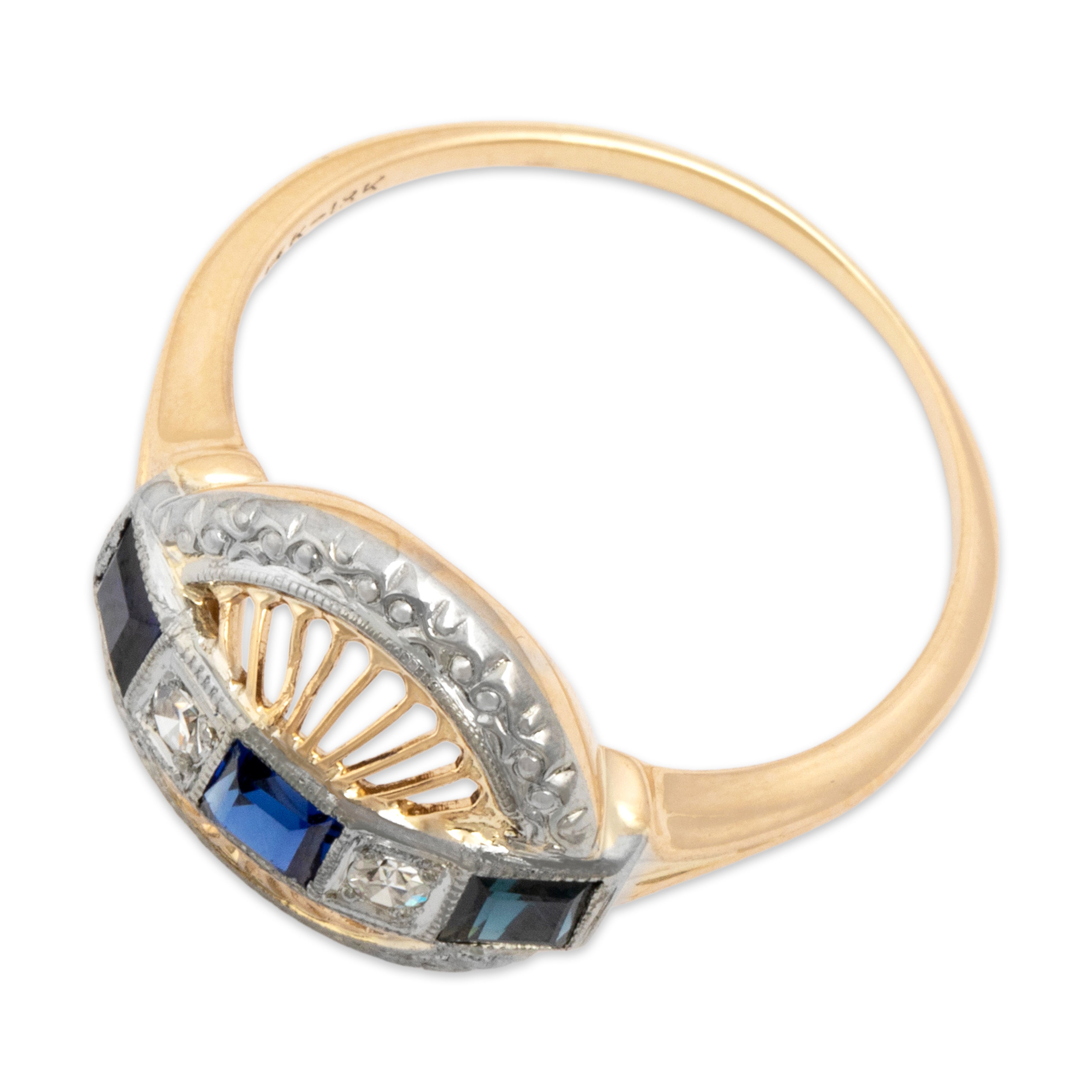 Vintage 14k Yellow Gold & 18k White Gold Blue Synthetic Sapphire Blue Natural Sapphire Natural Diamond Fantastic Open Disc Ring - Overall view
