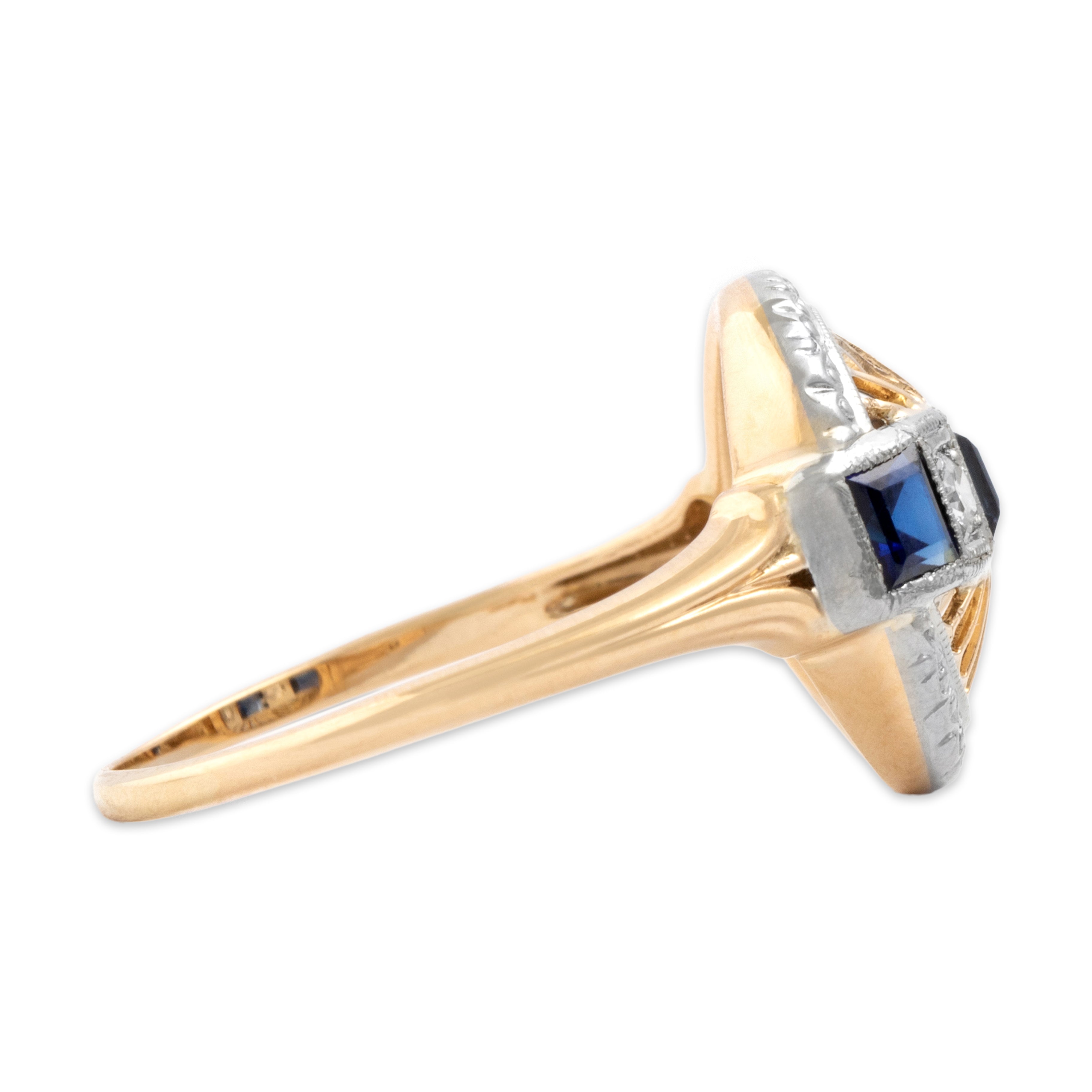 Vintage 14k Yellow Gold & 18k White Gold Blue Synthetic Sapphire Blue Natural Sapphire Natural Diamond Fantastic Open Disc Ring - Side view