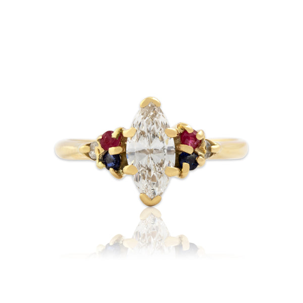 Vintage 14k Yellow Gold .62cttw Diamond Ruby Blue Sapphire Sparkling Ring 5.75