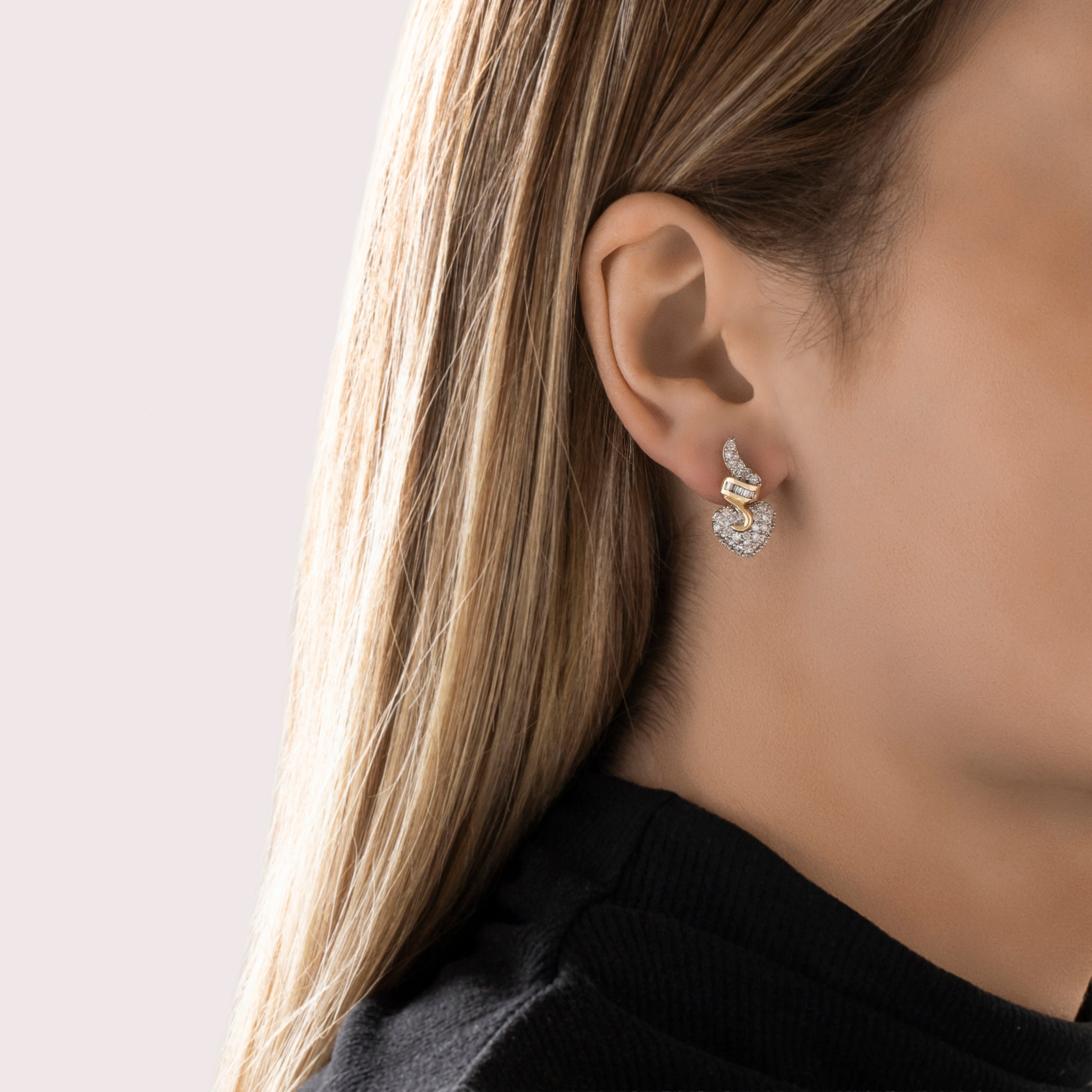 Vintage 14k Yellow Gold 1.3cttw Diamond Scrolling Heart Drop Earrings - On model view