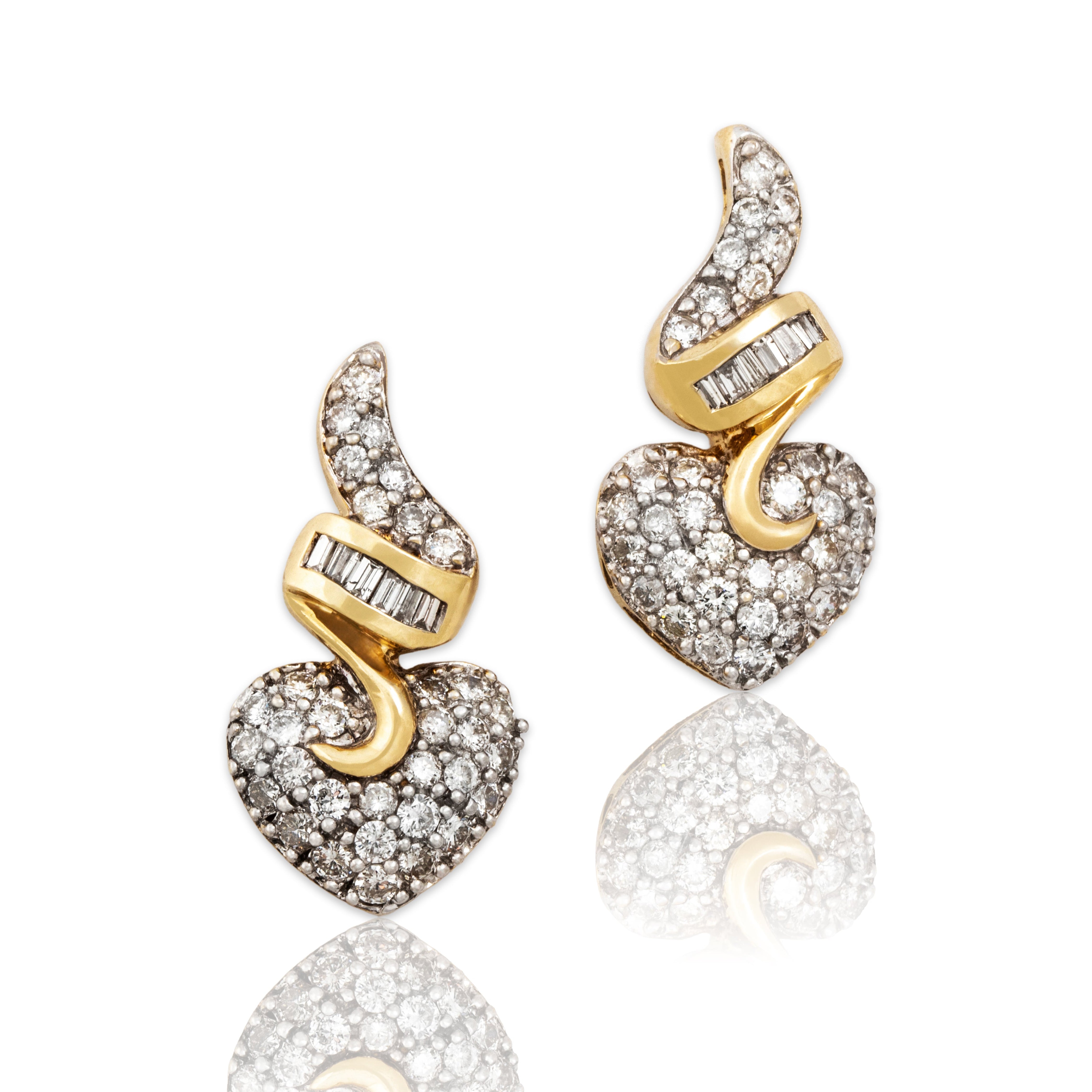 Vintage 14k Yellow Gold 1.3cttw Diamond Scrolling Heart Drop Earrings - Close-up view