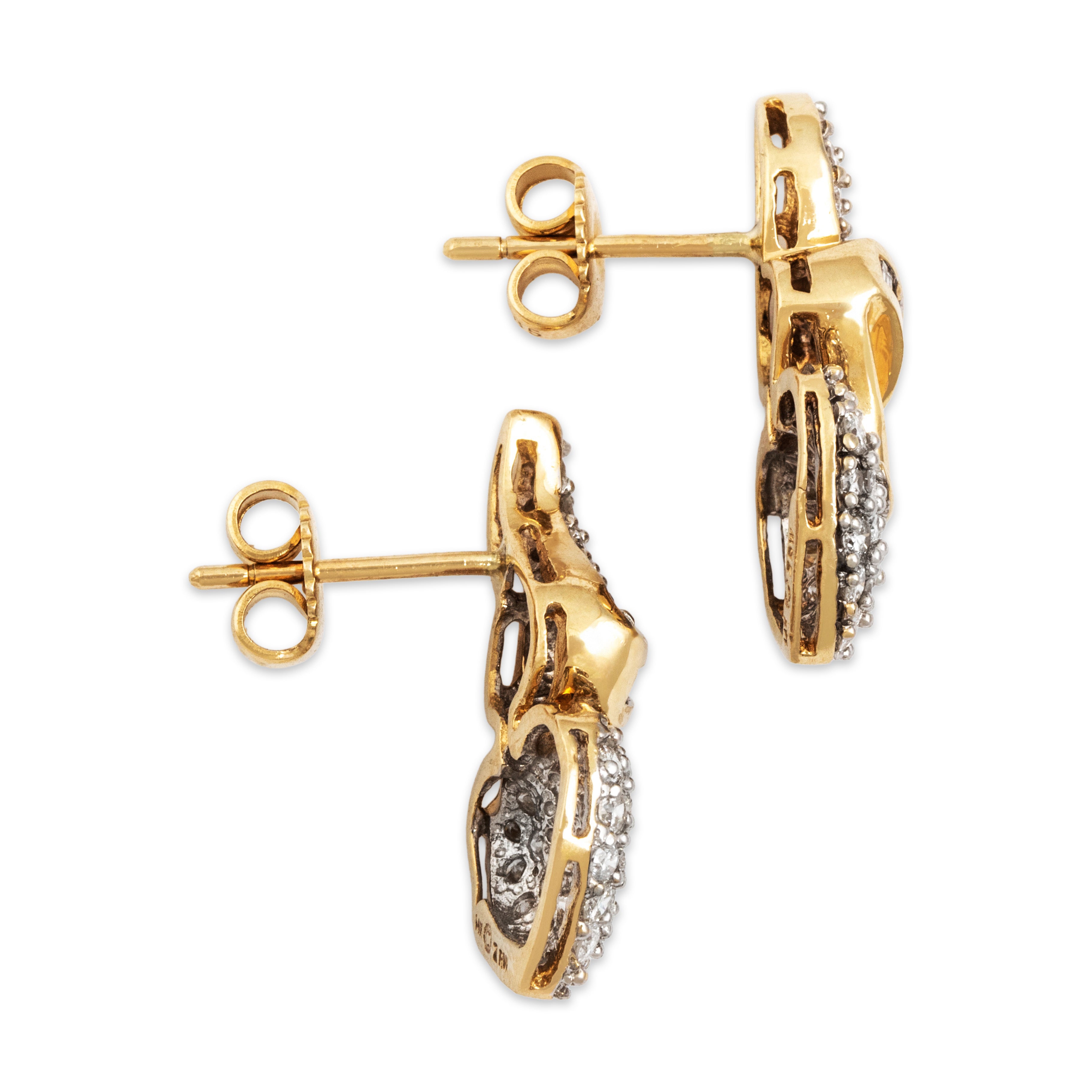 Vintage 14k Yellow Gold 1.3cttw Diamond Scrolling Heart Drop Earrings - Side view