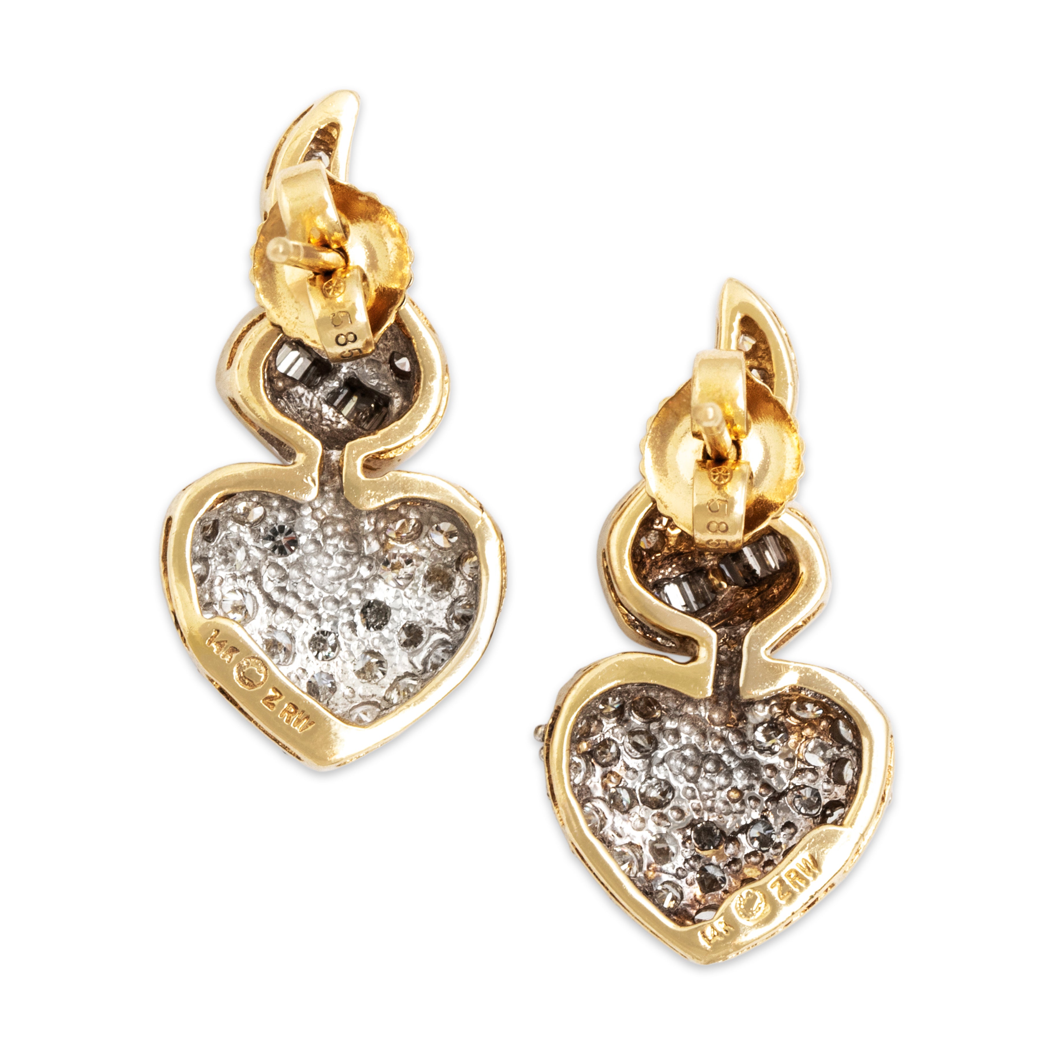 Vintage 14k Yellow Gold 1.3cttw Diamond Scrolling Heart Drop Earrings - Back view