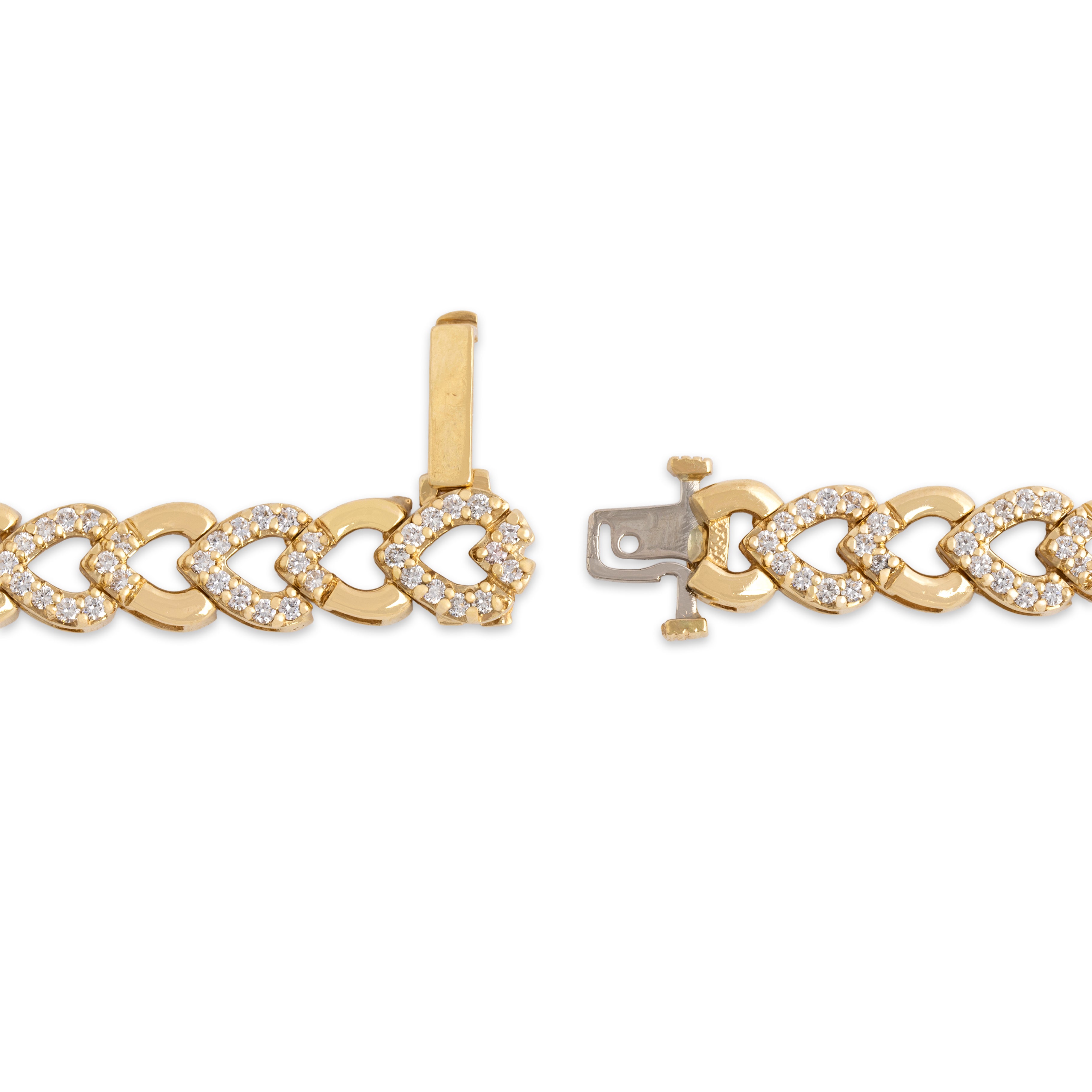 Vintage Heavy 14k Yellow Gold 2.46cttw Diamond Subtle Heart Link Bracelet - clasp view