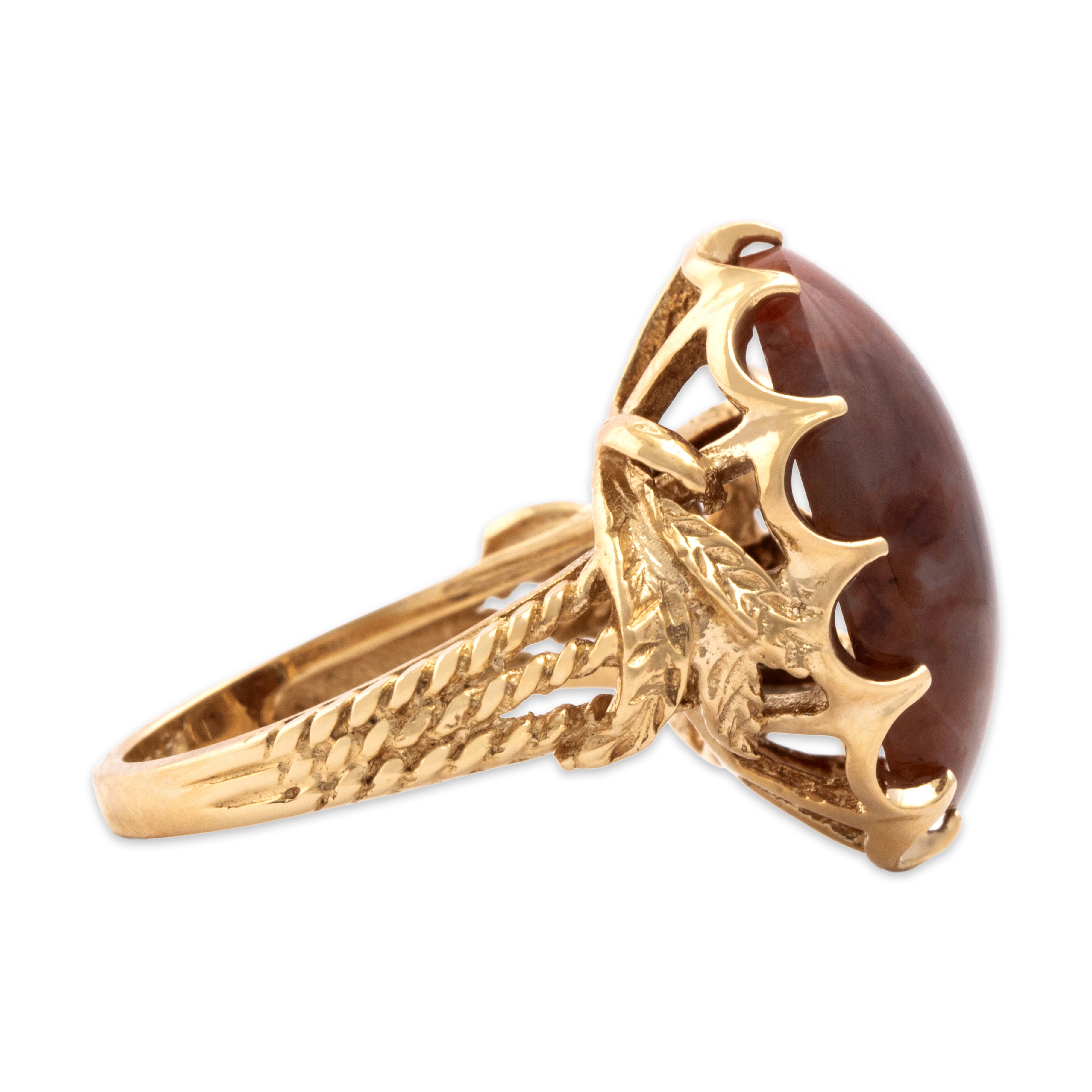 Vintage Large 14k Yellow Gold 8.44ct Red Moss Agate Cabochon Leafy Detail Ring - Side view