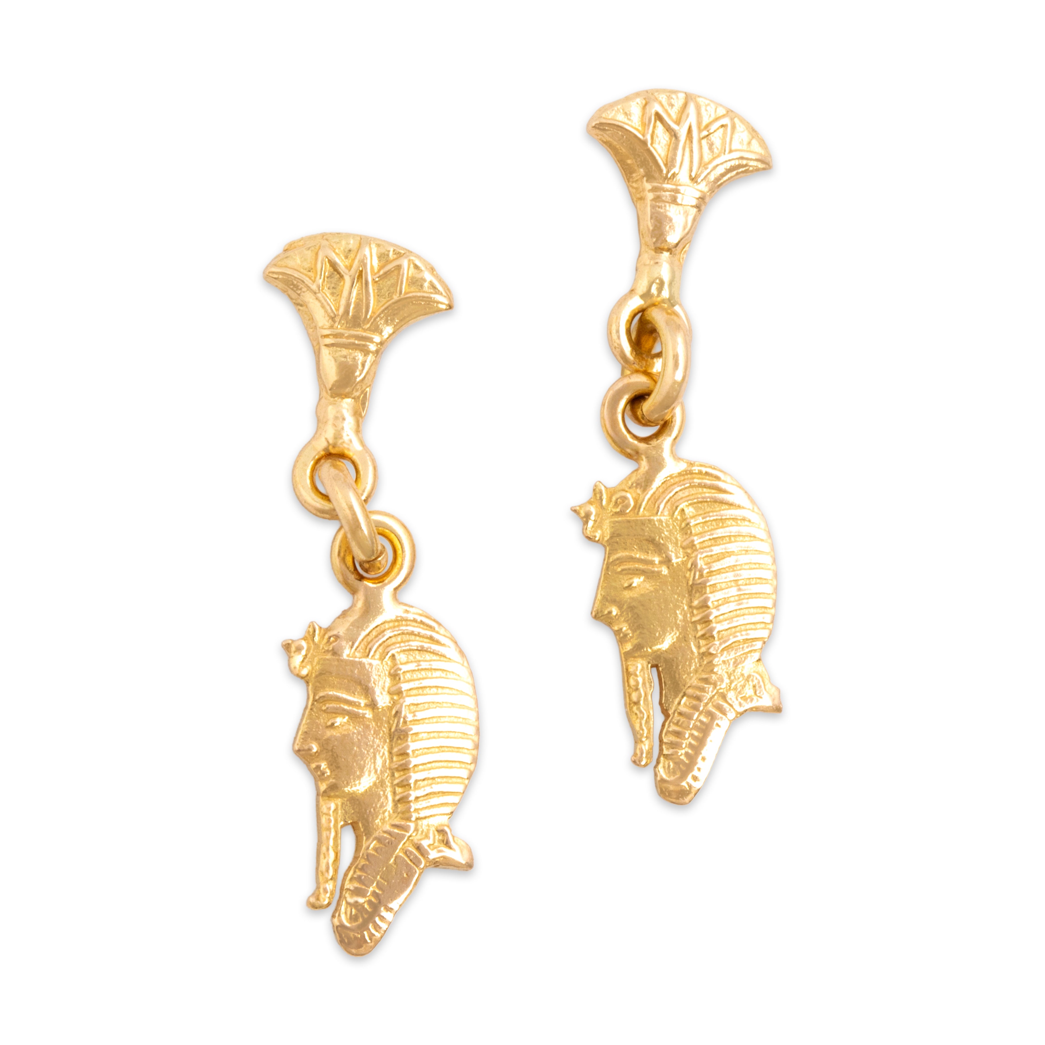 Vintage 18k Yellow Gold Ancient Egyptian Pharaoh Dangle Earrings - Close-up view