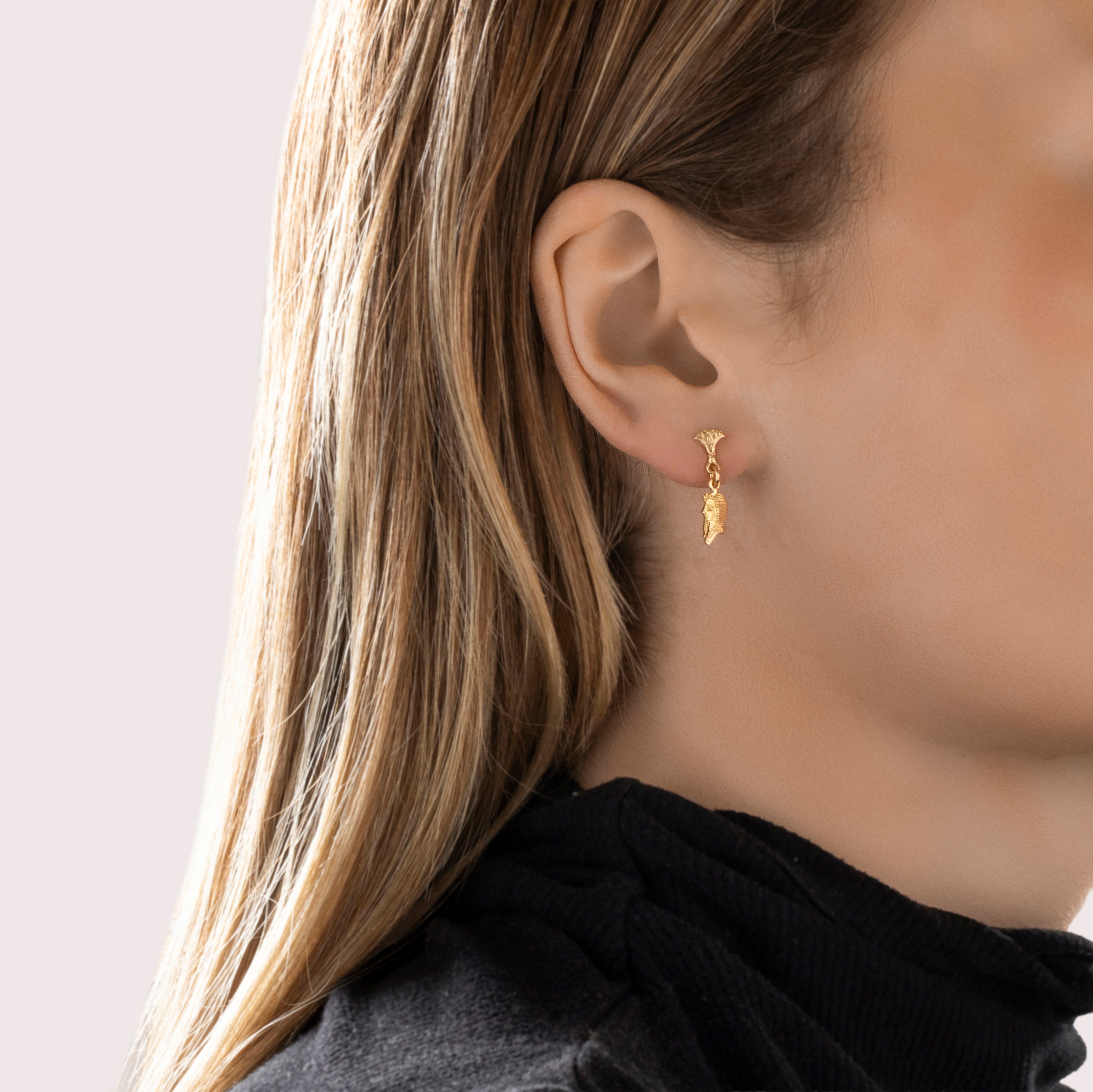 Vintage 18k Yellow Gold Ancient Egyptian Pharaoh Dangle Earrings - On model view