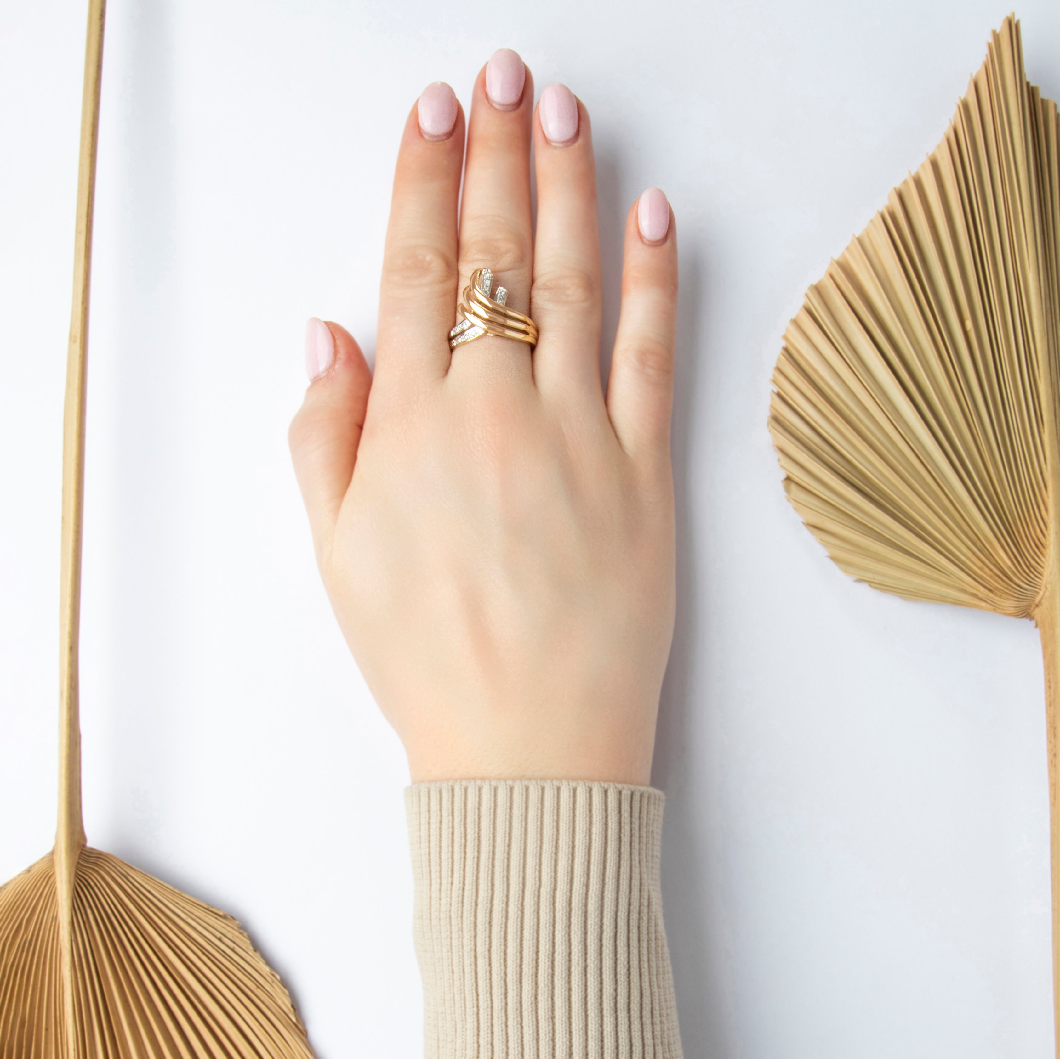 Vintage 14k Yellow Gold Diamond Bold Climbing Crossover Ring - On model view