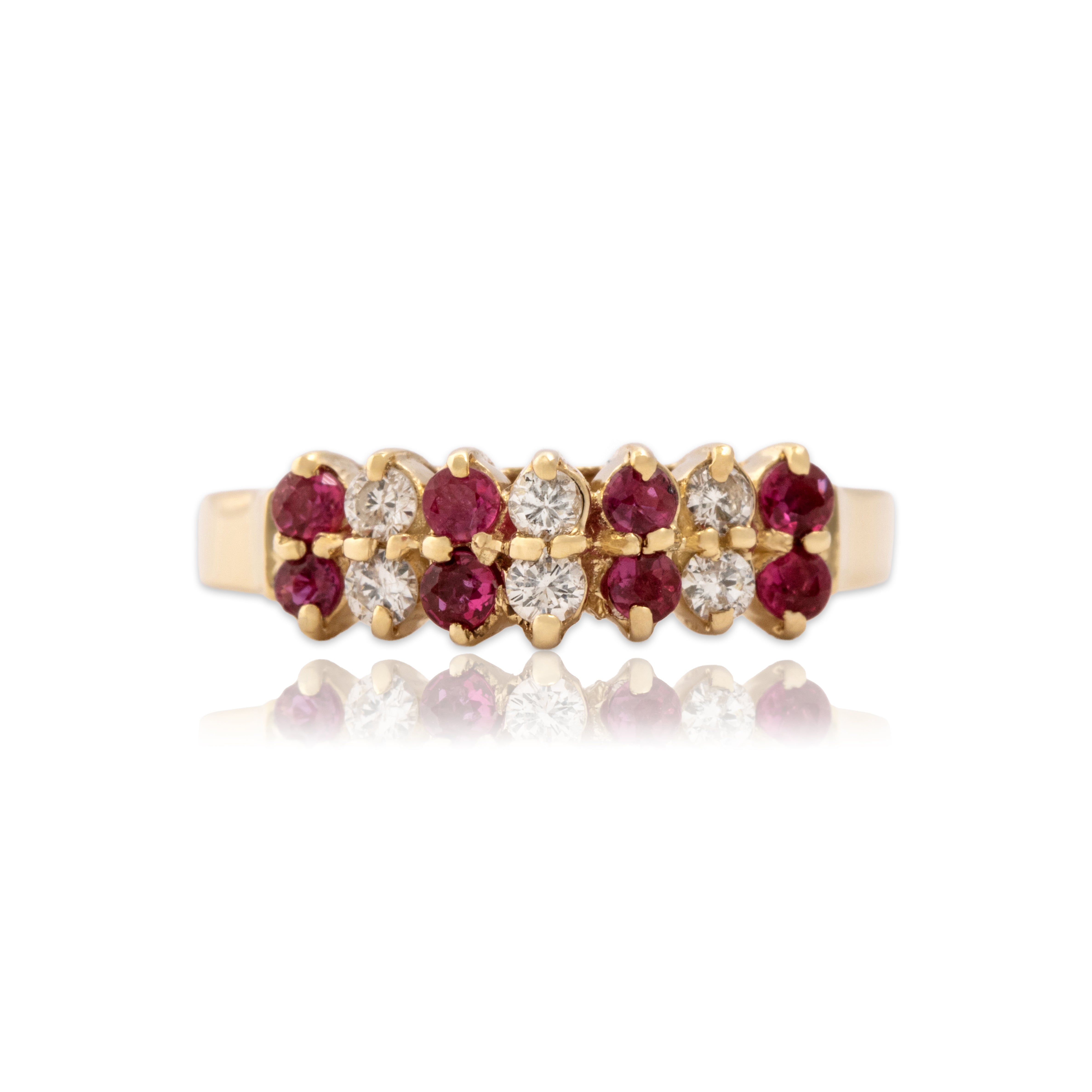 Vintage 14k Yellow Gold Ruby Diamond Tall Alternating Crimson Tower Ring - Close-up view
