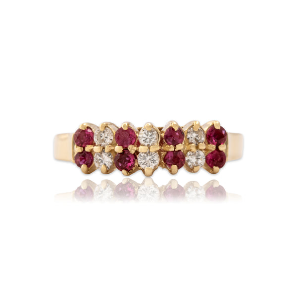 Vintage 14k Yellow Gold Ruby Diamond Tall Alternating Crimson Tower Ring 8.25