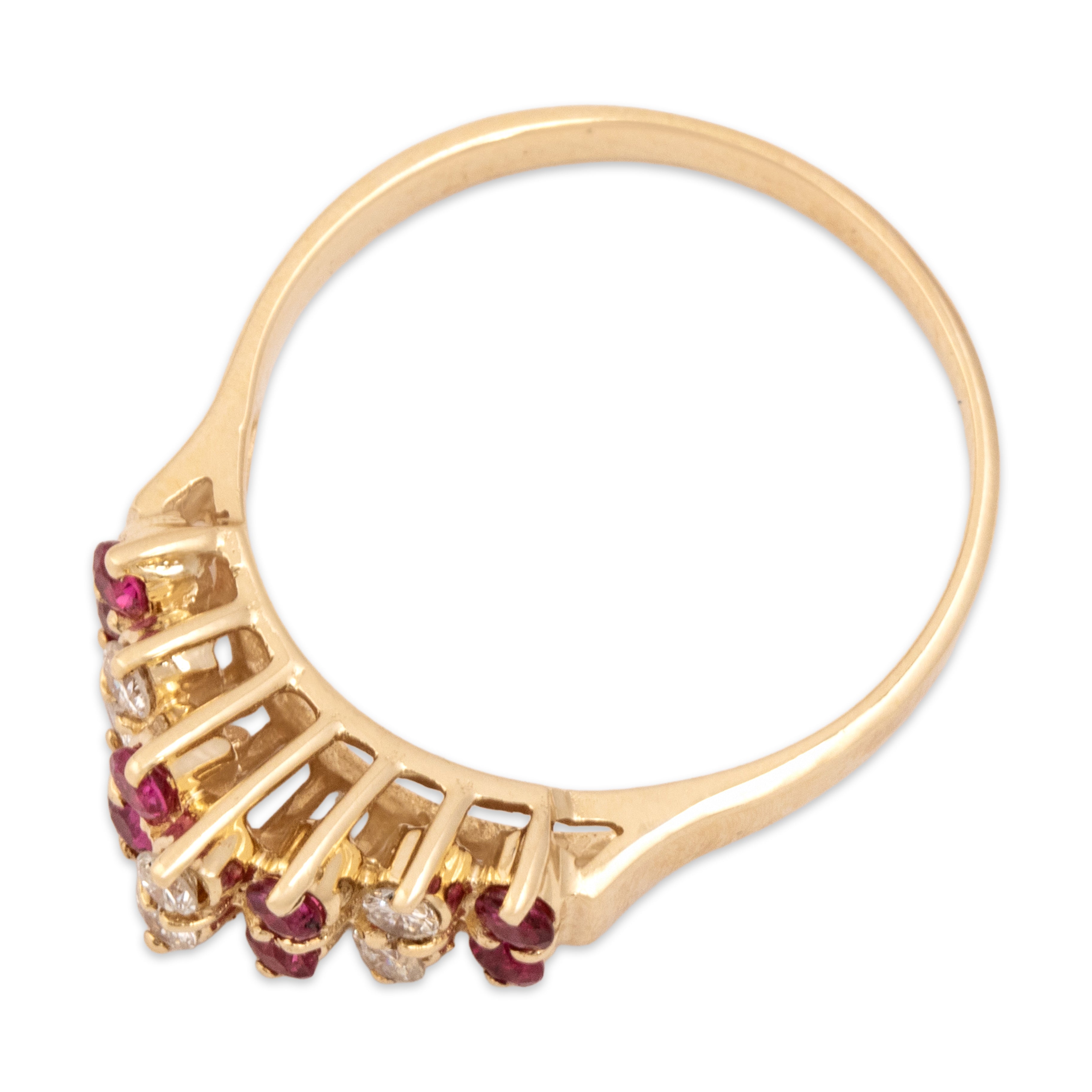 Vintage 14k Yellow Gold Ruby Diamond Tall Alternating Crimson Tower Ring - Overall view