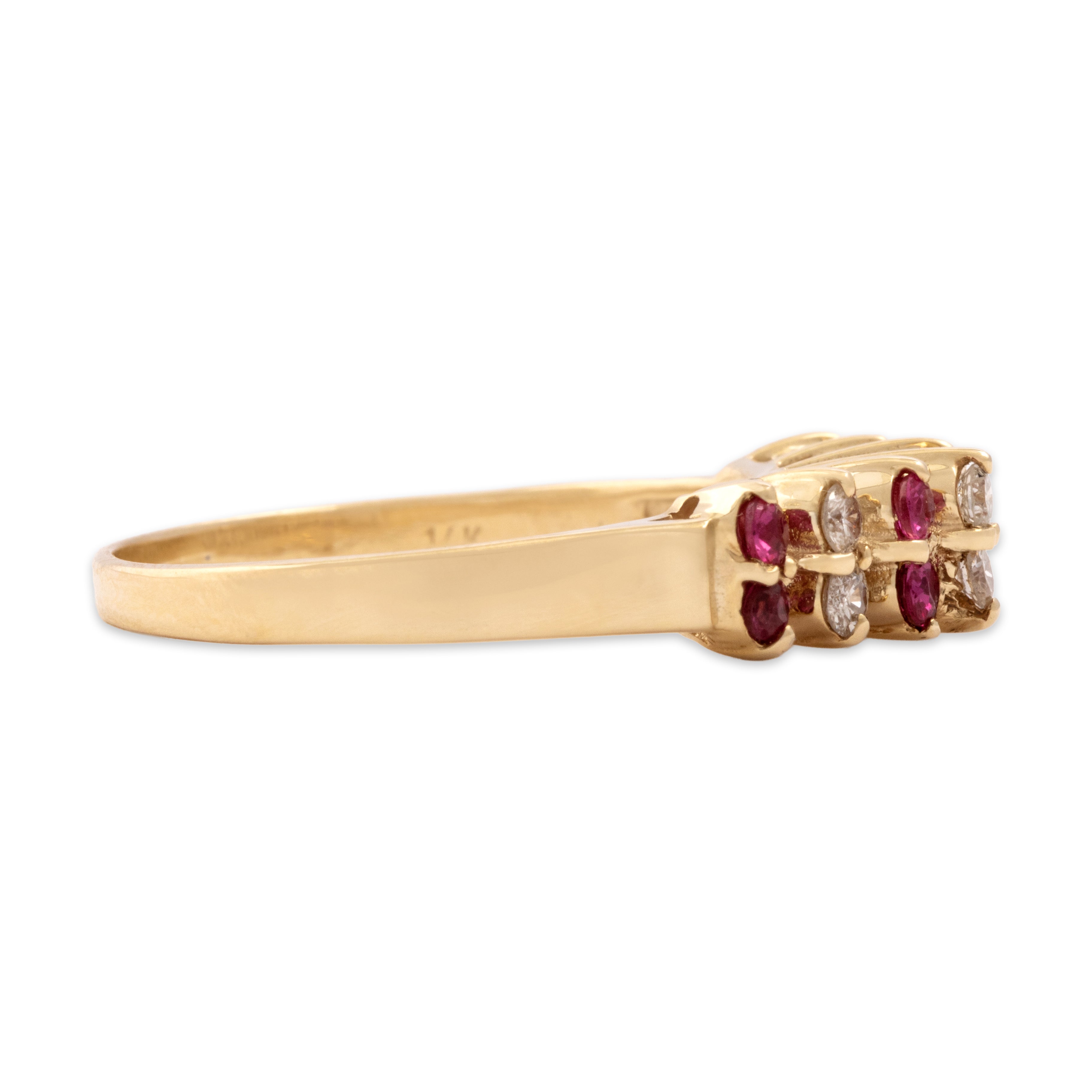 Vintage 14k Yellow Gold Ruby Diamond Tall Alternating Crimson Tower Ring - Side view