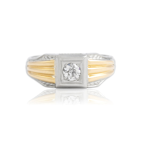 Vintage 20k White & Yellow Gold Old European Cut Diamond Wheat Column Ring 9.50