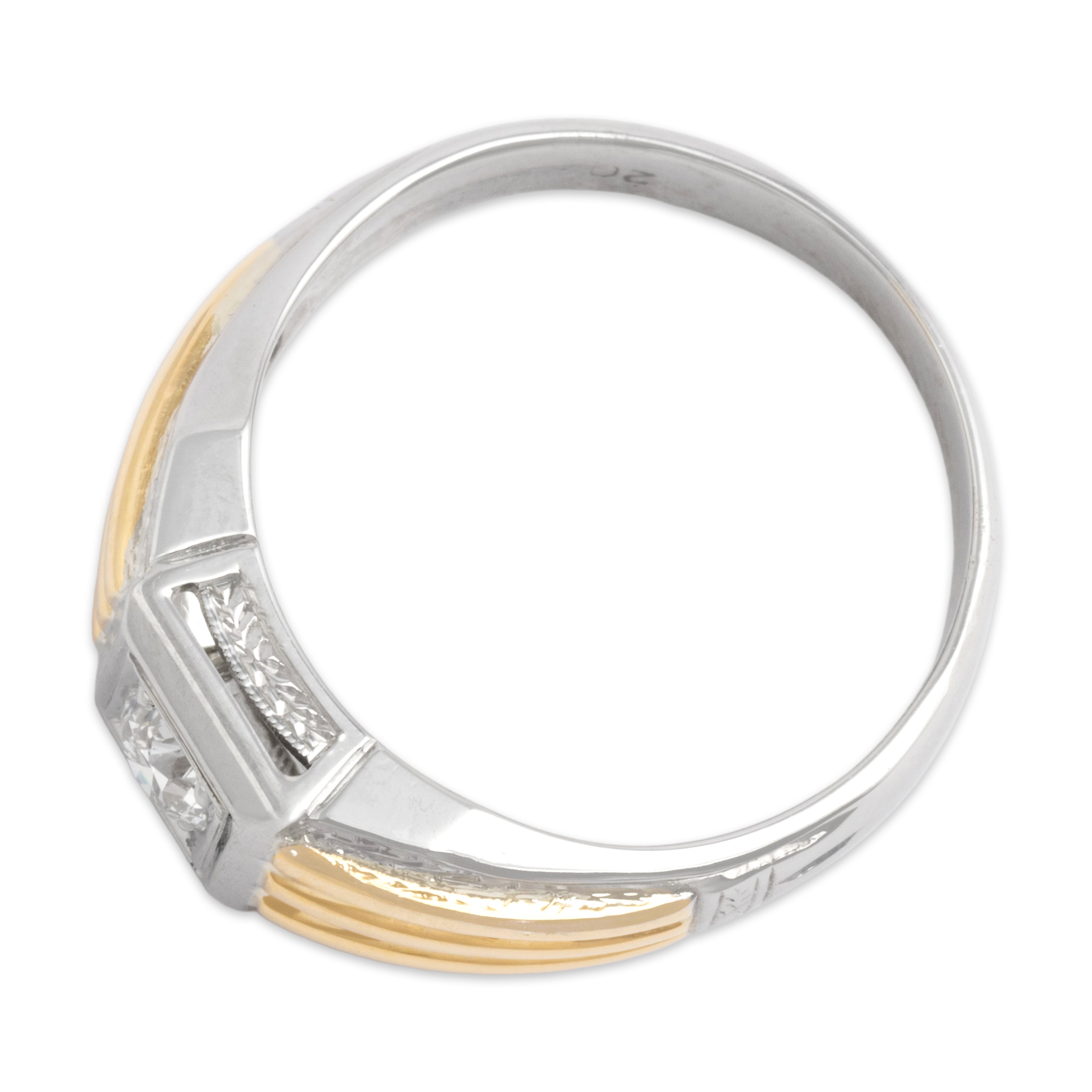 Vintage 20k White & Yellow Gold Old European Cut Diamond Wheat Detail Column Ring - Overall view