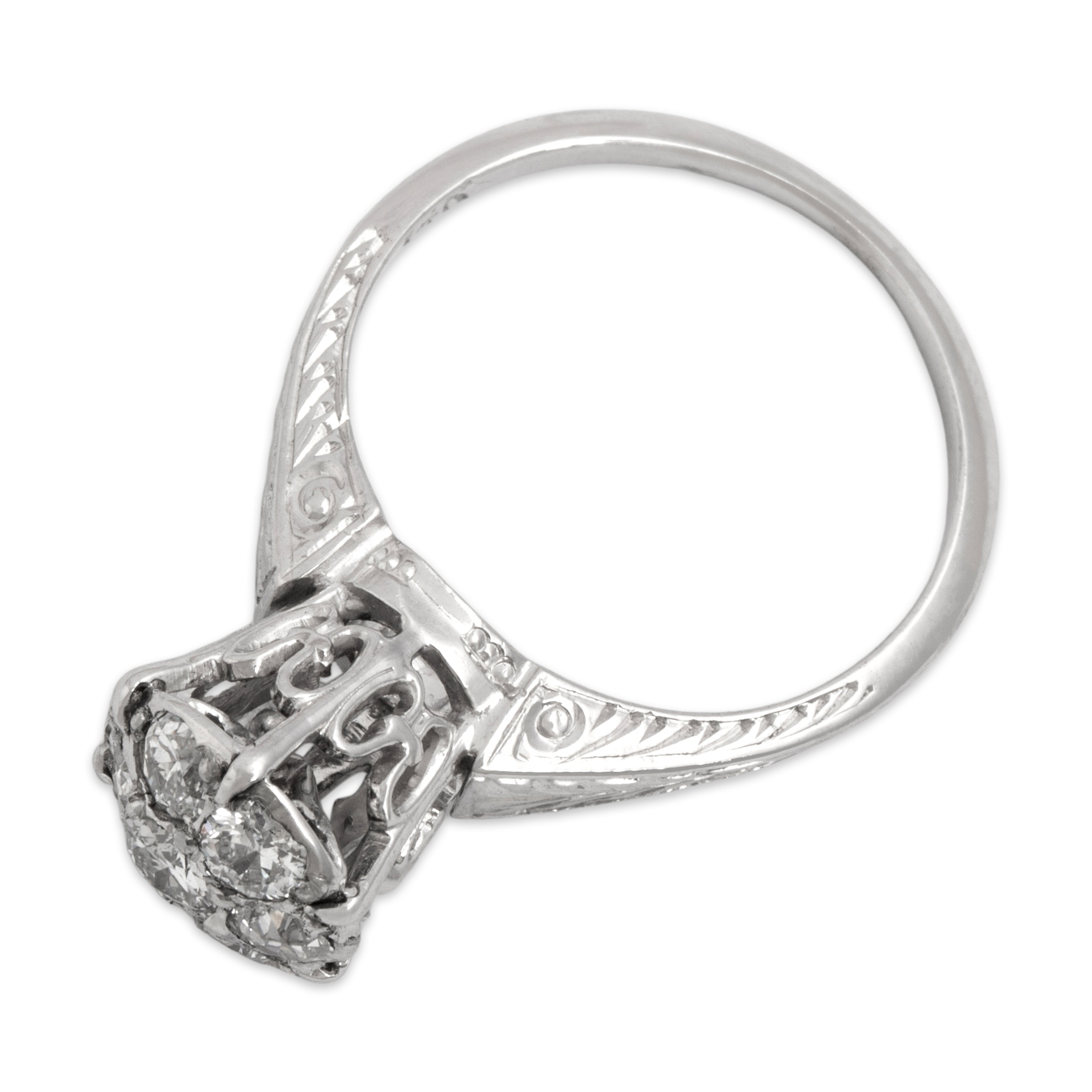 Antique Art Deco 14k White Gold .6cttw Diamond Tall Intricate Setting Cluster Ring - Overall view