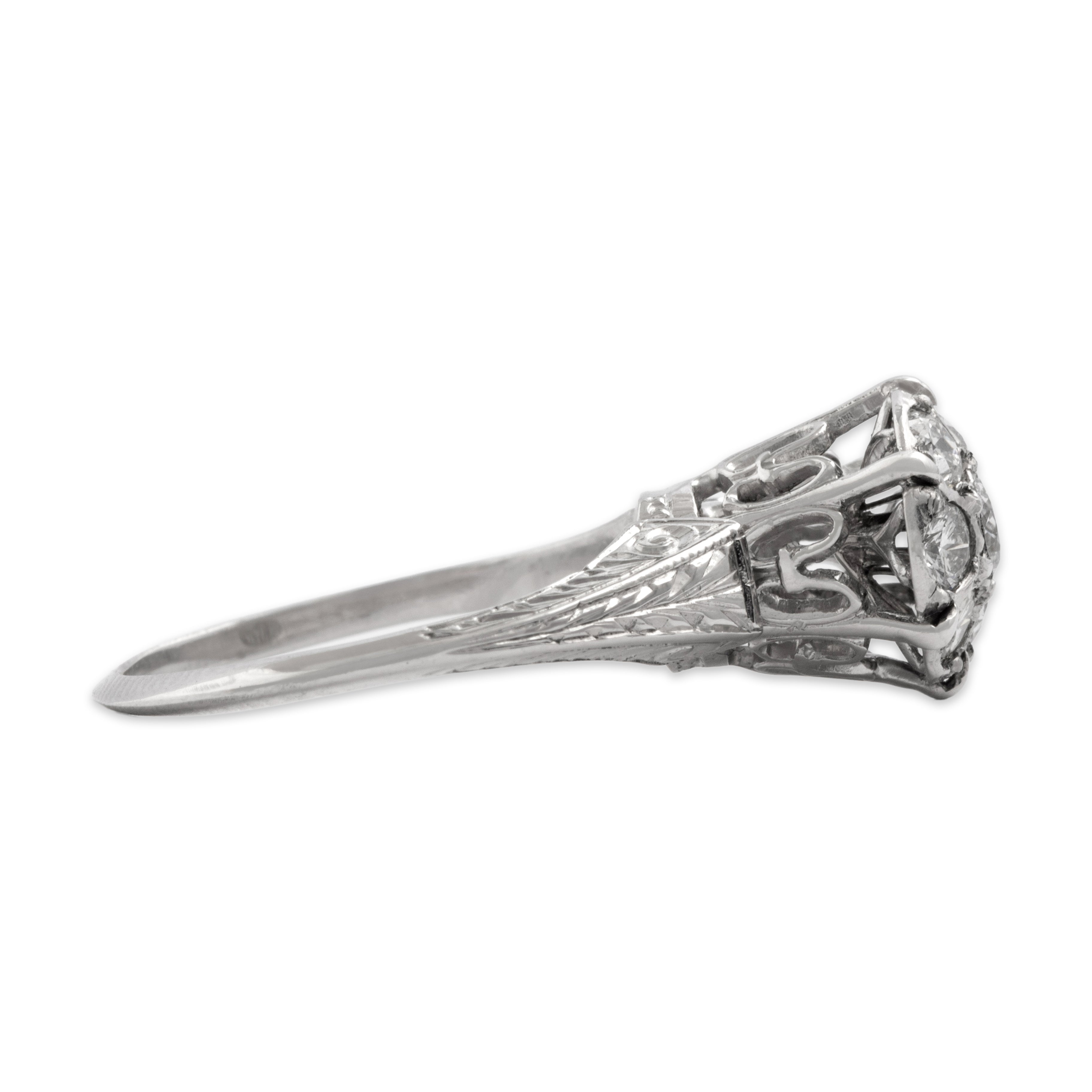 Antique Art Deco 14k White Gold .6cttw Diamond Tall Intricate Setting Cluster Ring - Side view