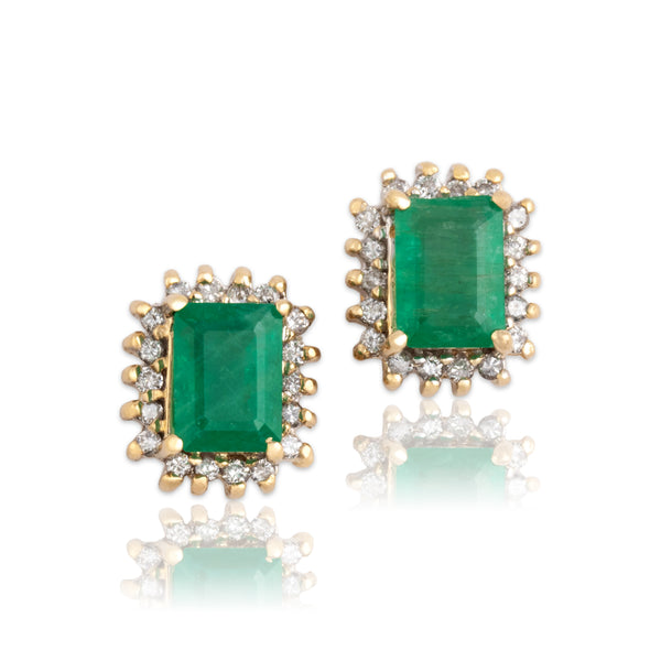 Vintage 14k Yellow Gold 1.65cttw Emerald Diamond Elegant Halo Stud Earrings