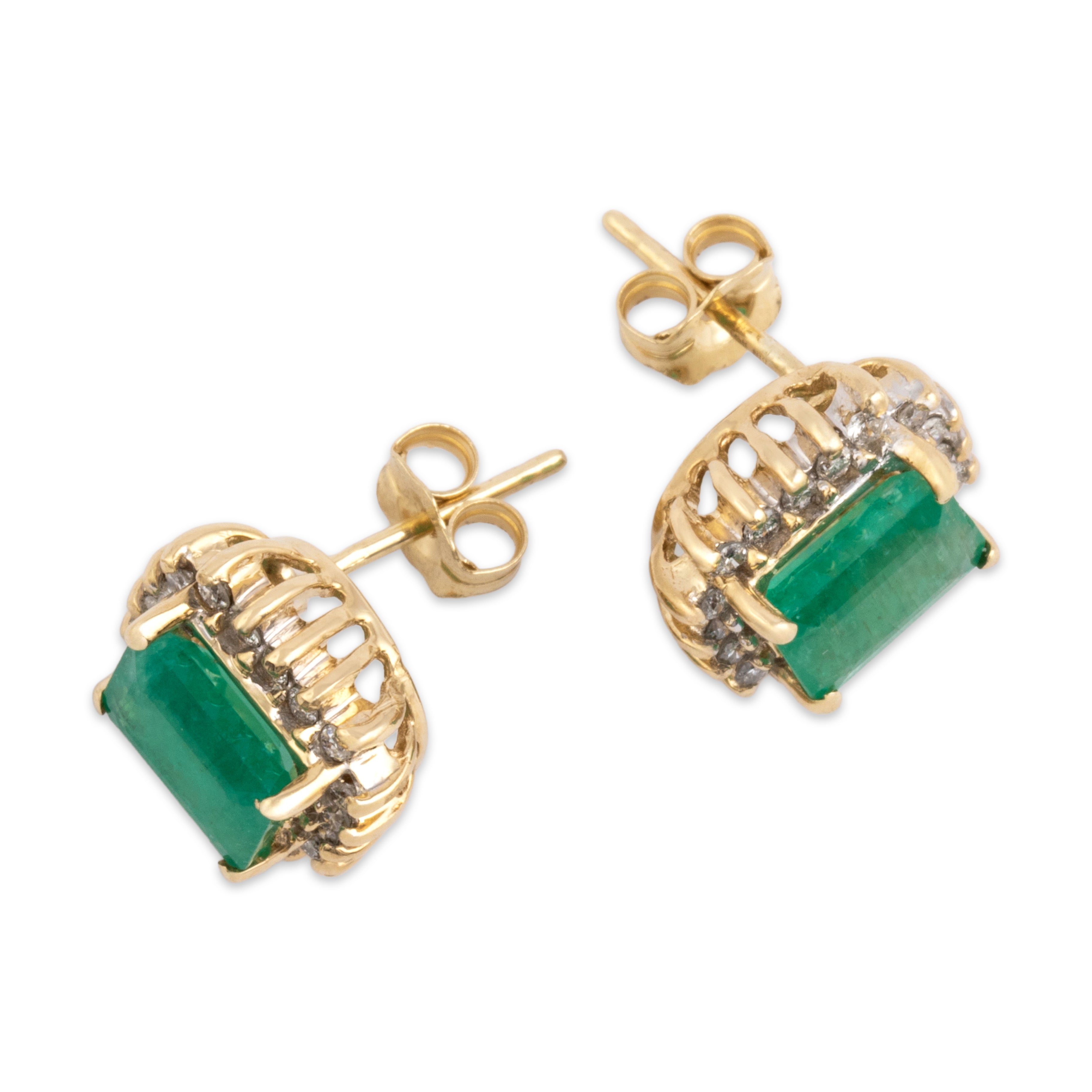 Vintage 14k Yellow Gold 1.65cttw Emerald Diamond Halo Stud Earrings - Overall view