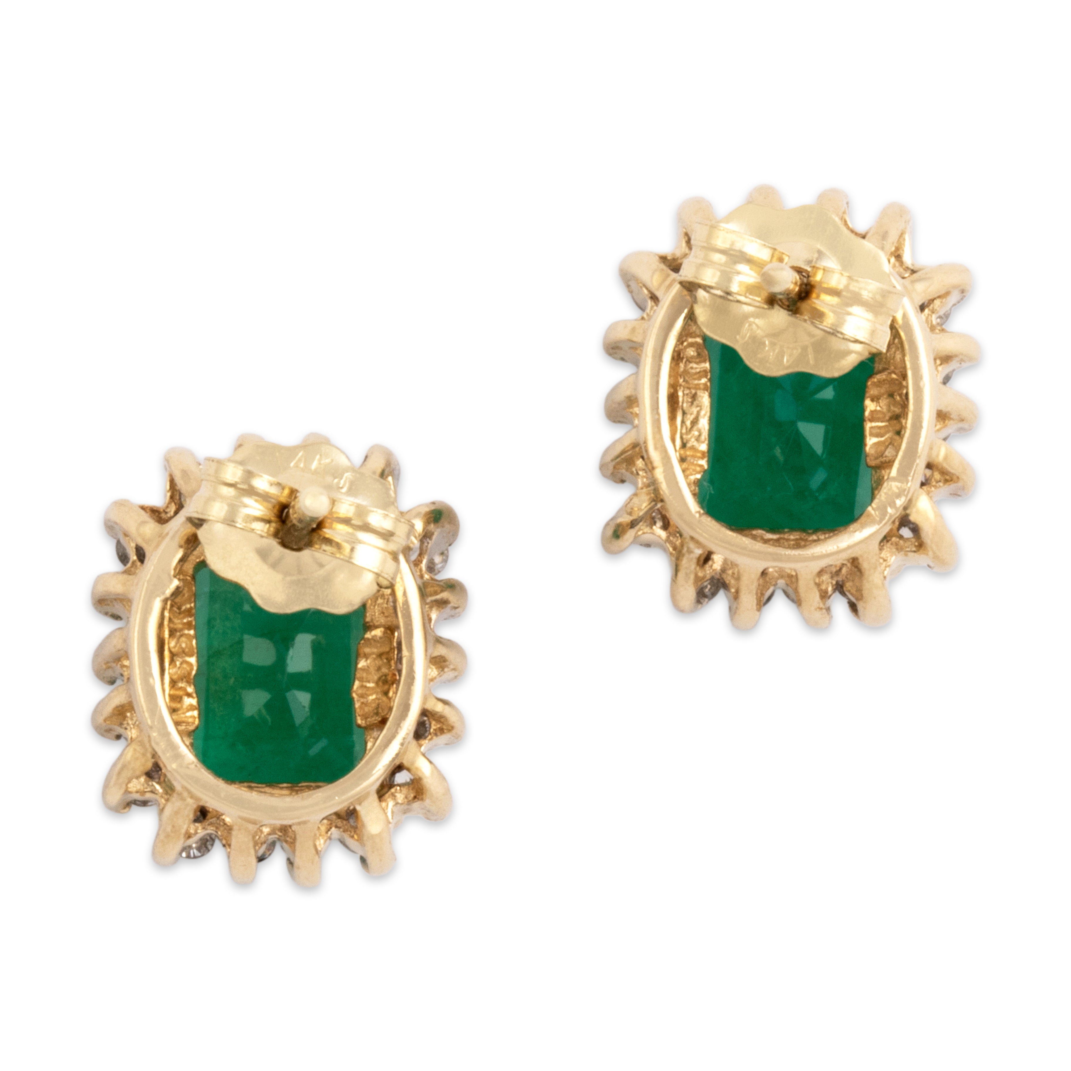 Vintage 14k Yellow Gold 1.65cttw Emerald Diamond Halo Stud Earrings - Back view