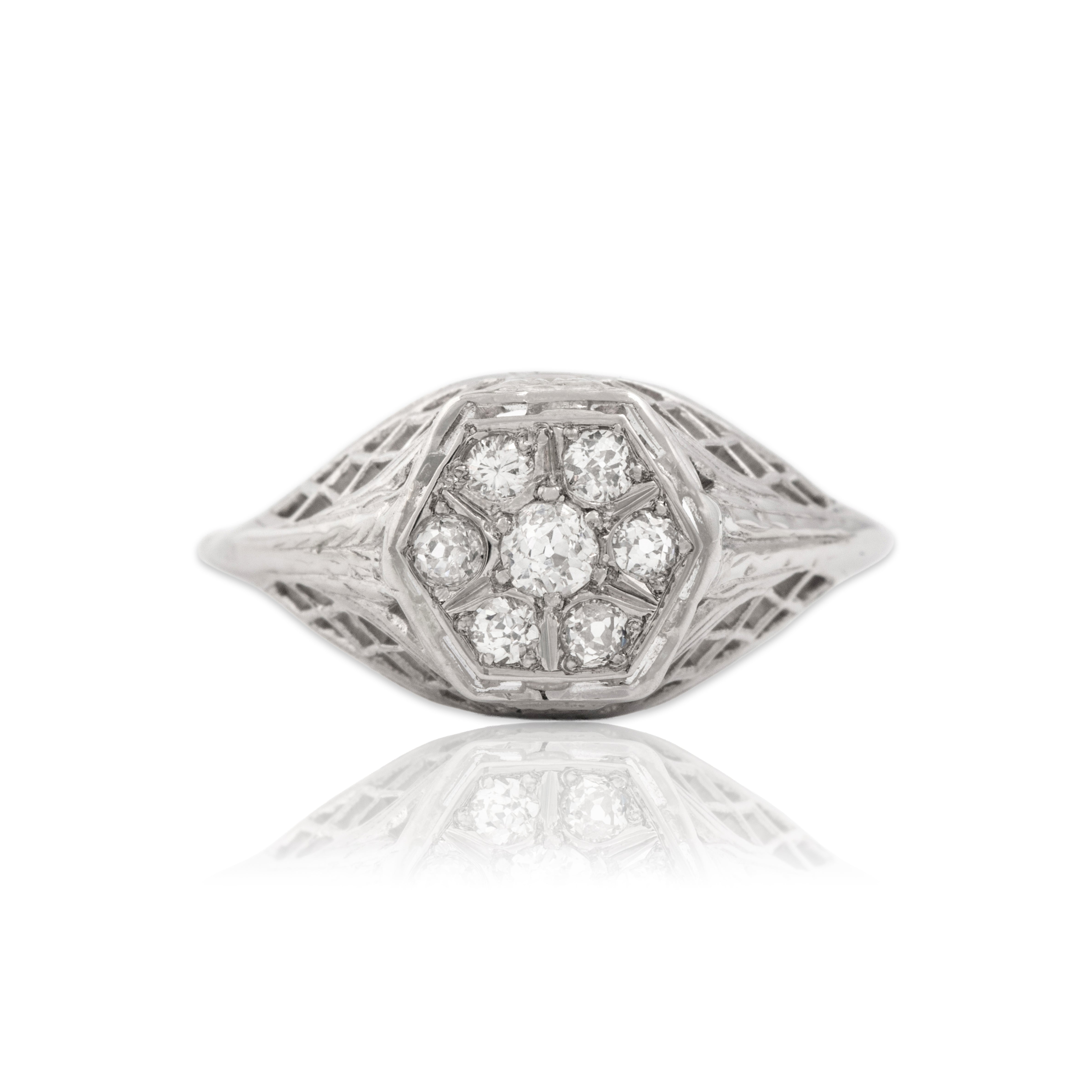 Antique Art Deco 14k White Gold Diamond Open Basketweave Hexagonal Cluster Ring - Close-up view