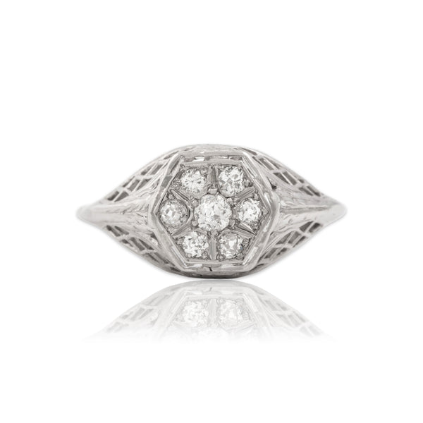 Antique Art Deco 14k White Gold Diamond Open Basketweave Cluster Ring 7.25