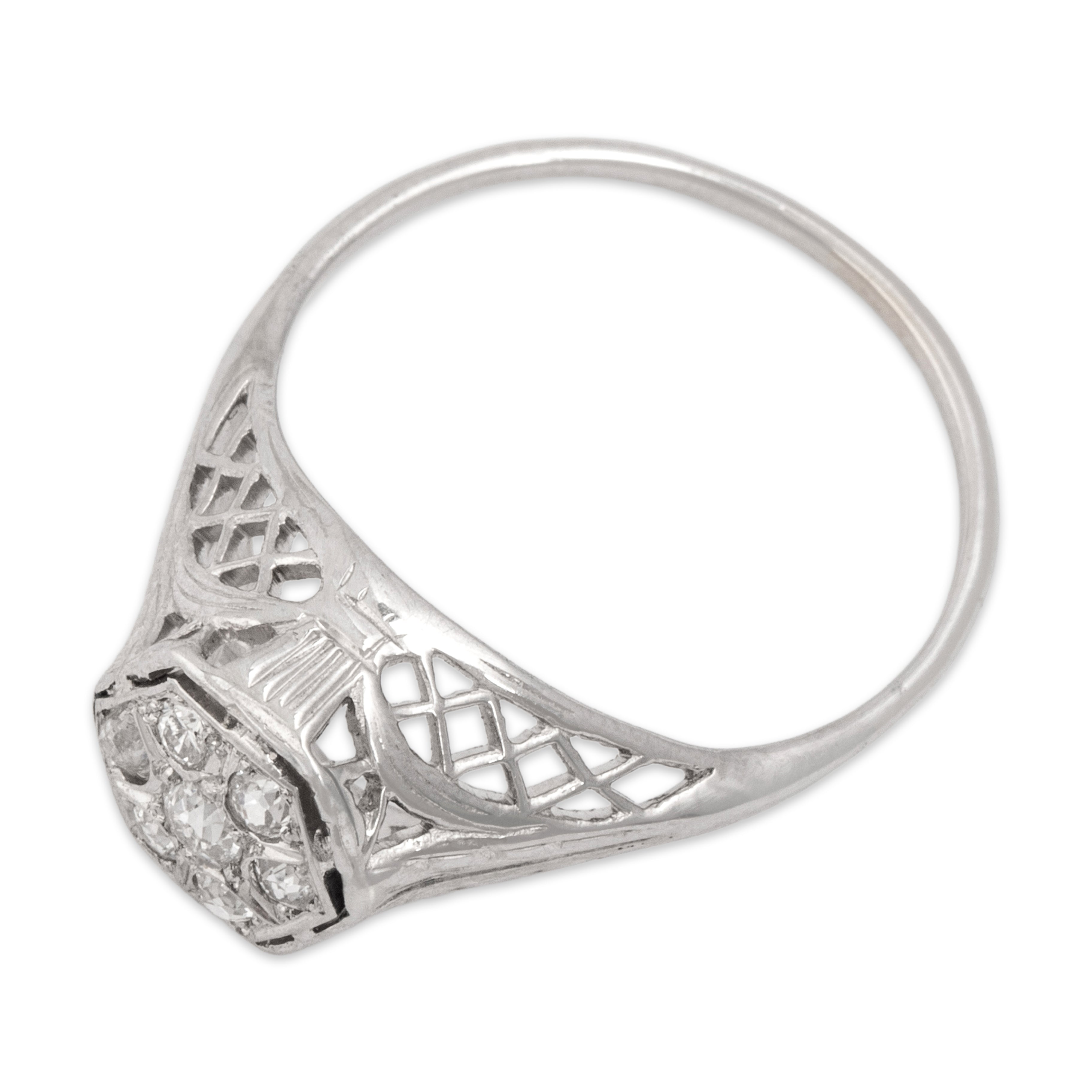 Antique Art Deco 14k White Gold Diamond Open Basketweave Hexagonal Cluster Ring - Overall view
