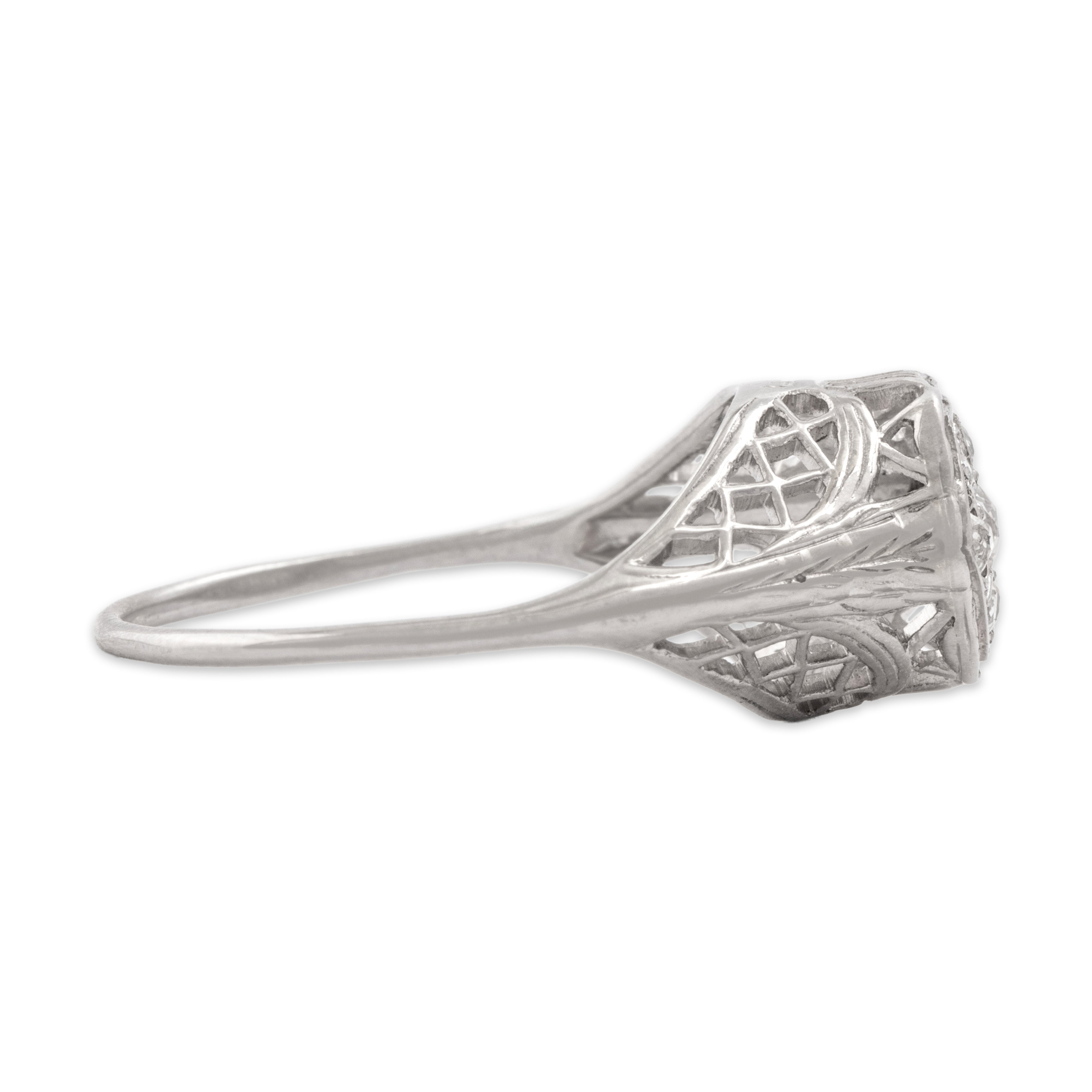 Antique Art Deco 14k White Gold Diamond Open Basketweave Hexagonal Cluster Ring - Side view