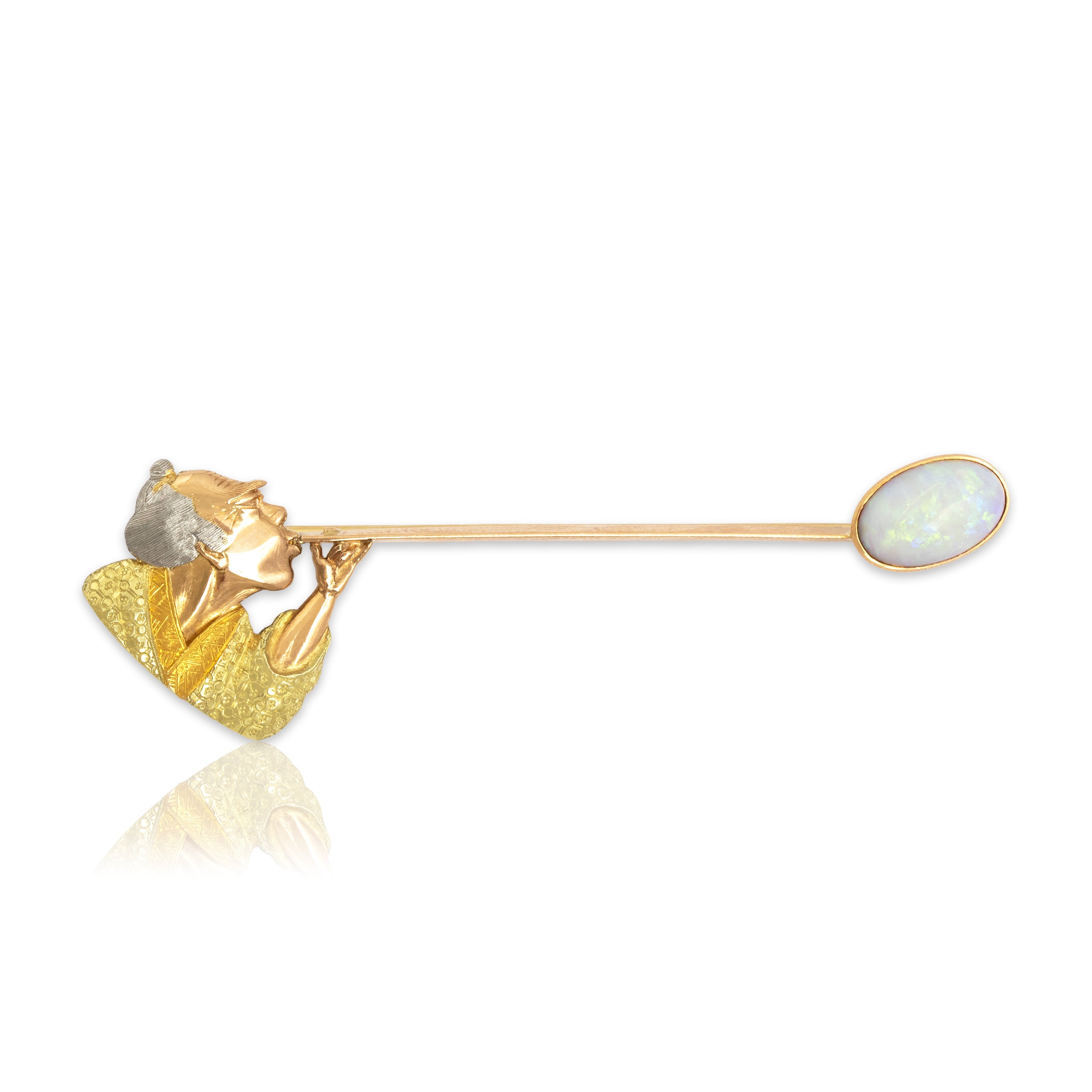 Antique Aesthetic Japanese 18k Tricolor Gold Opal Rare Incredibly Detailed Man Blowing Bubble Brooch / Pin - Close-up view