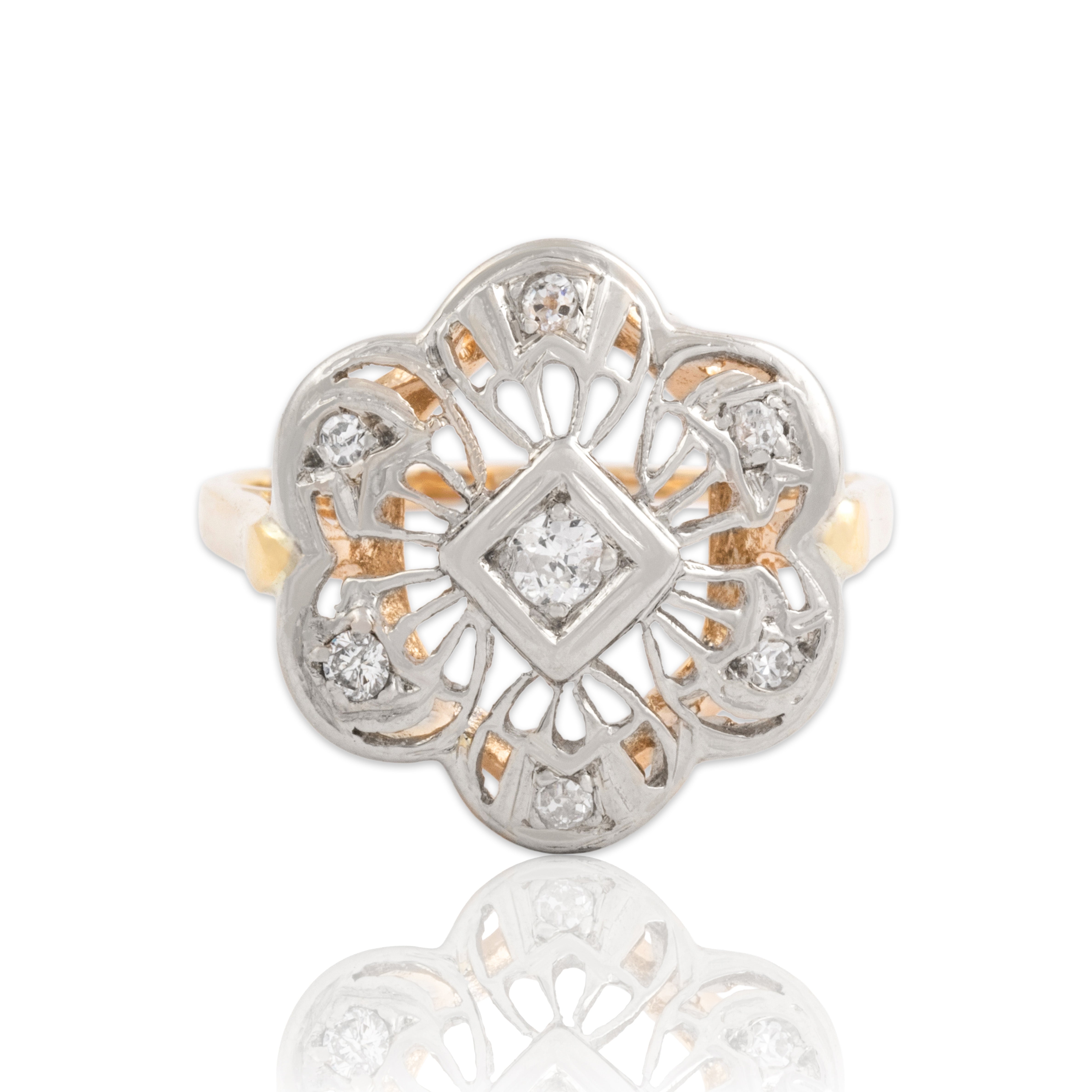Antique Art Deco 14k White & Yellow Gold Old Mine Cut Diamond Floral Halo Ring 7.25