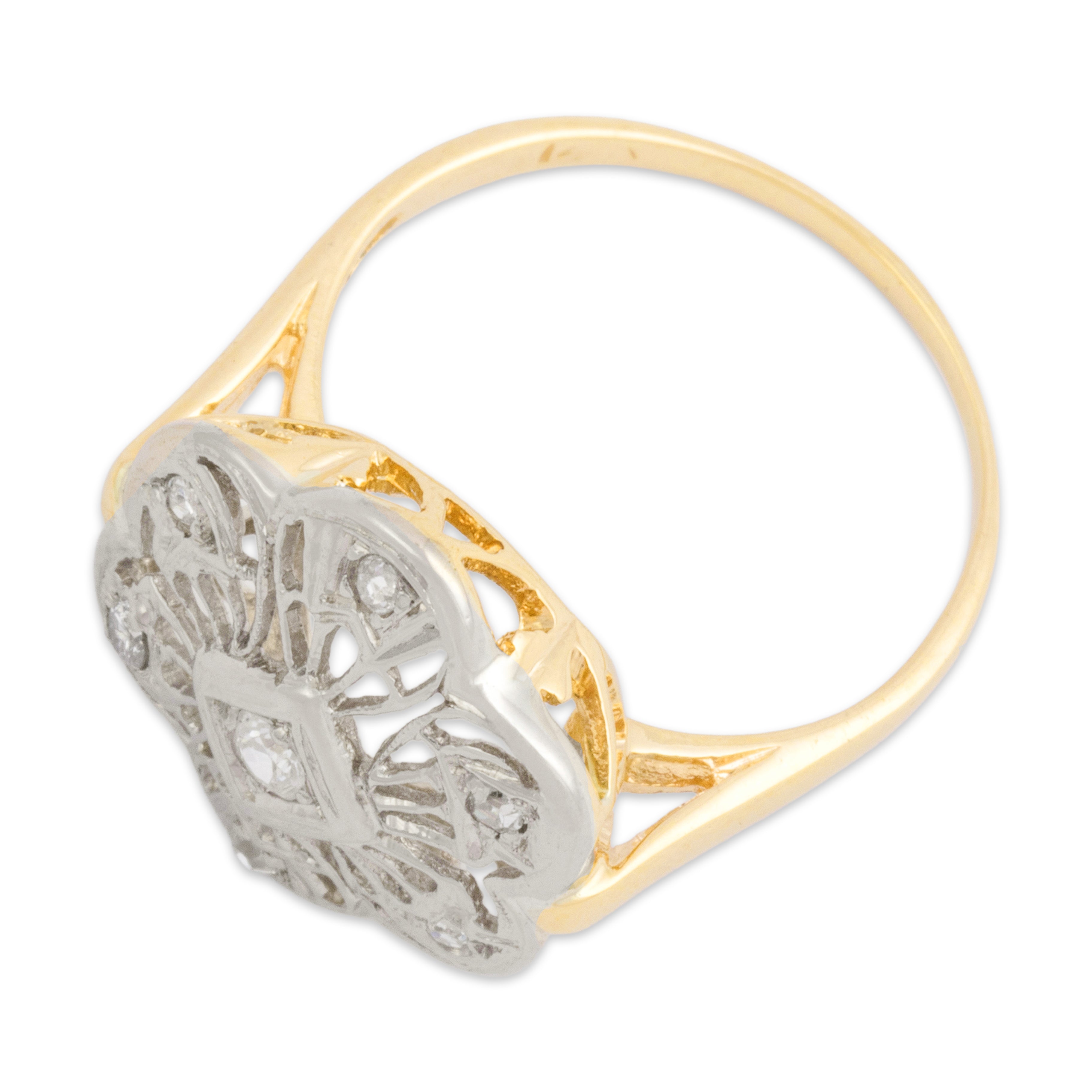 Antique Art Deco 14k White & Yellow Gold Old Mine Cut Diamond Floral Halo Ring 7.25