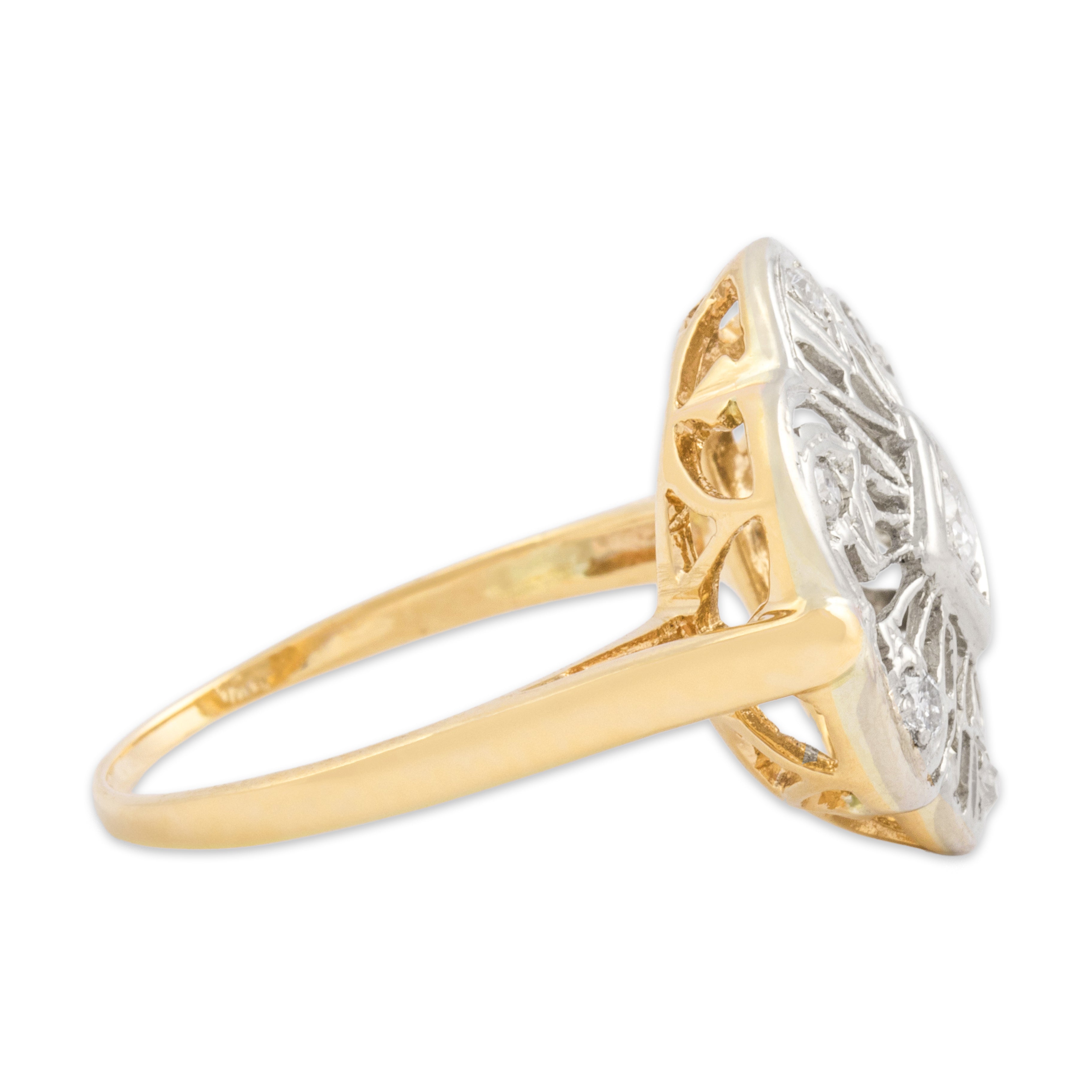 Antique Art Deco 14k White & Yellow Gold Old Mine Cut Diamond Floral Halo Ring 7.25