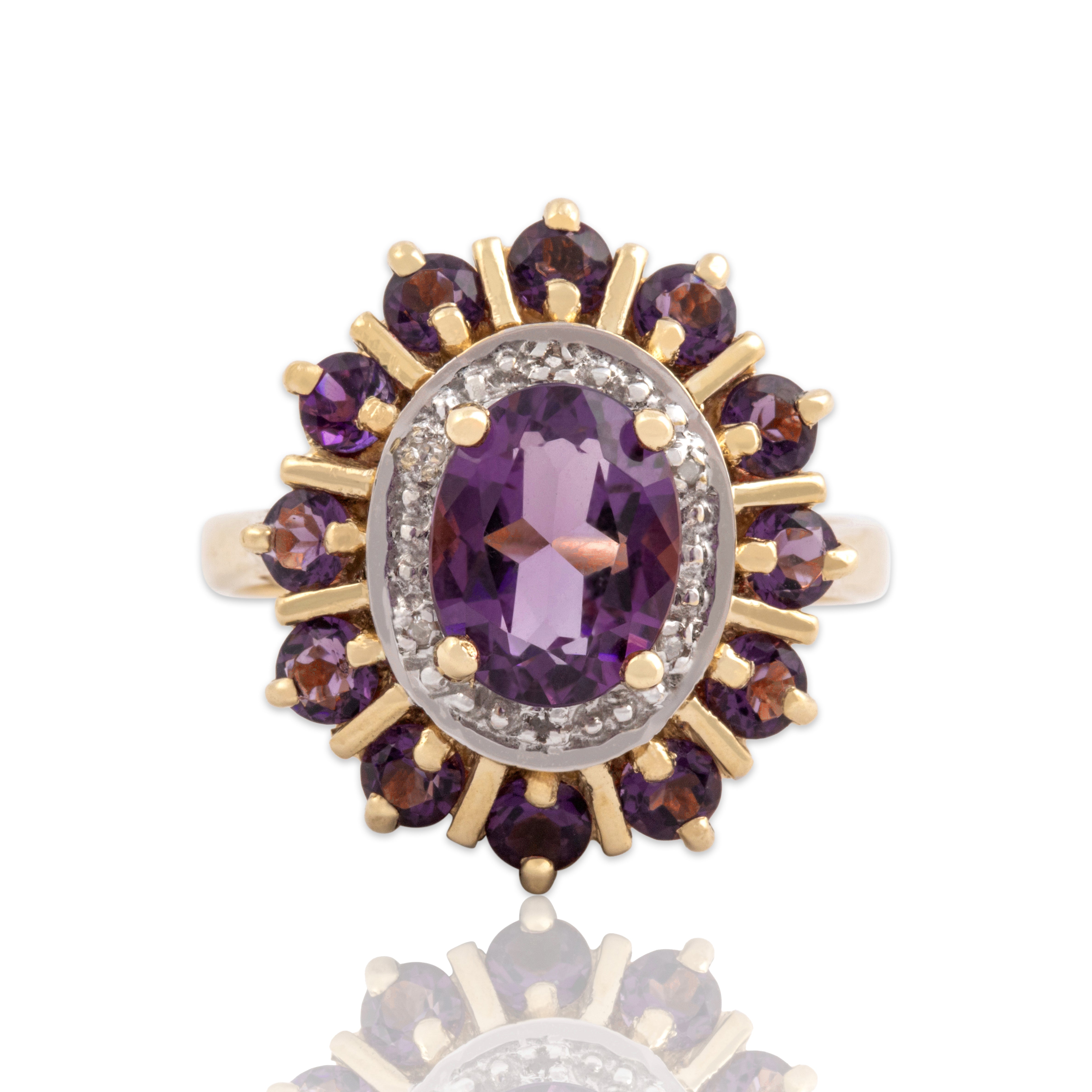 Vintage 10k Yellow & White Gold 2.3cttw Amethyst Diamond Cocktail Ring 8.25