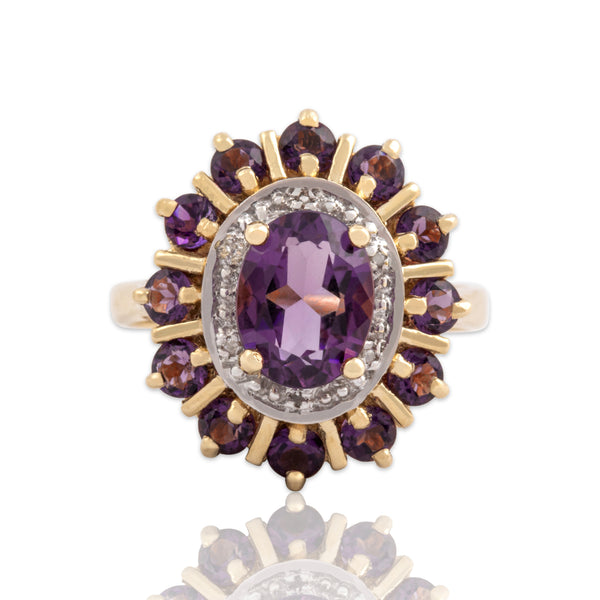 Vintage 10k Yellow & White Gold 2.3cttw Amethyst Diamond Cocktail Ring 8.25
