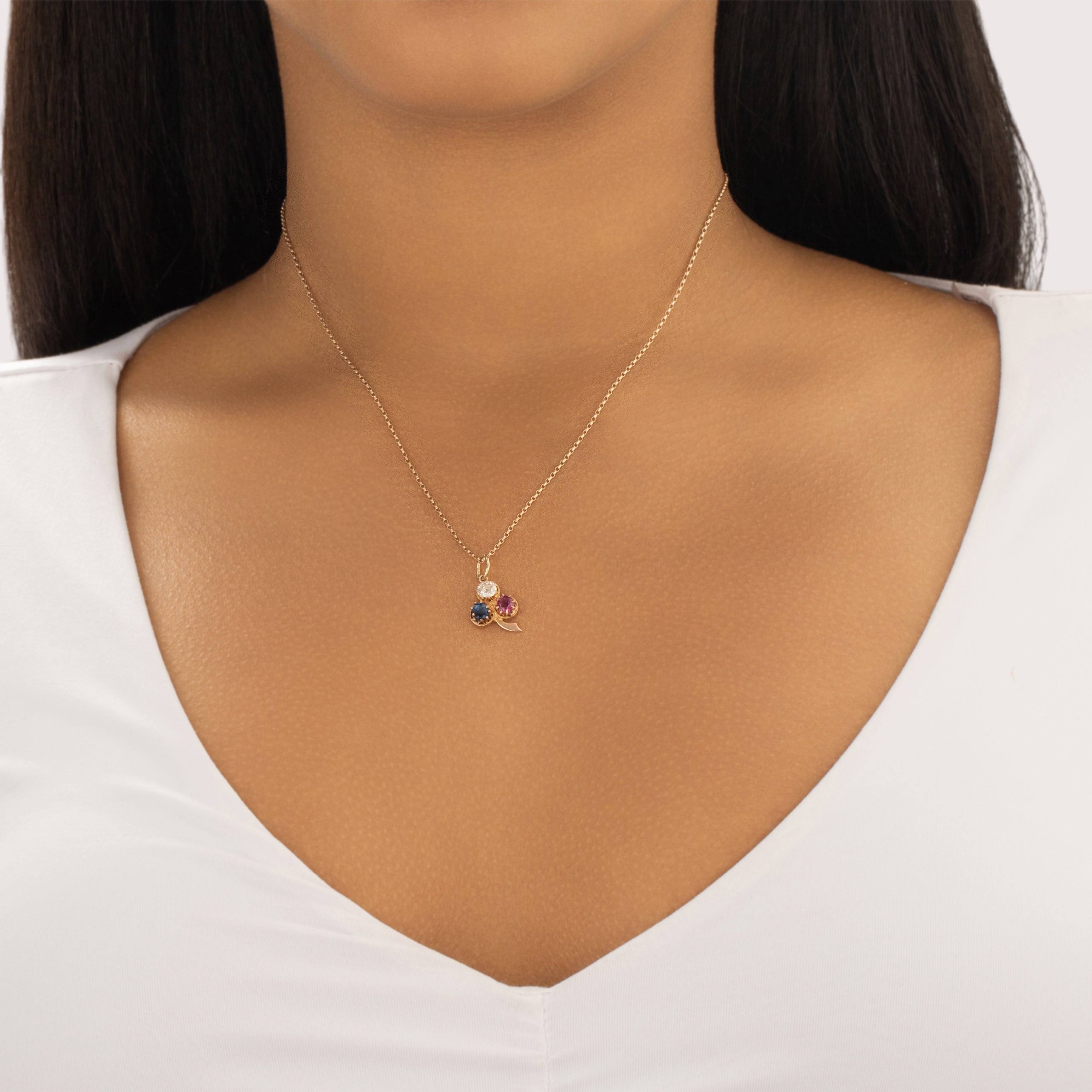 Antique Victorian 14k Rosy Yellow & Yellow Gold Blue Sapphire Ruby Old Mine Cut Diamond Adorable Bright Clover Pendant - On model view